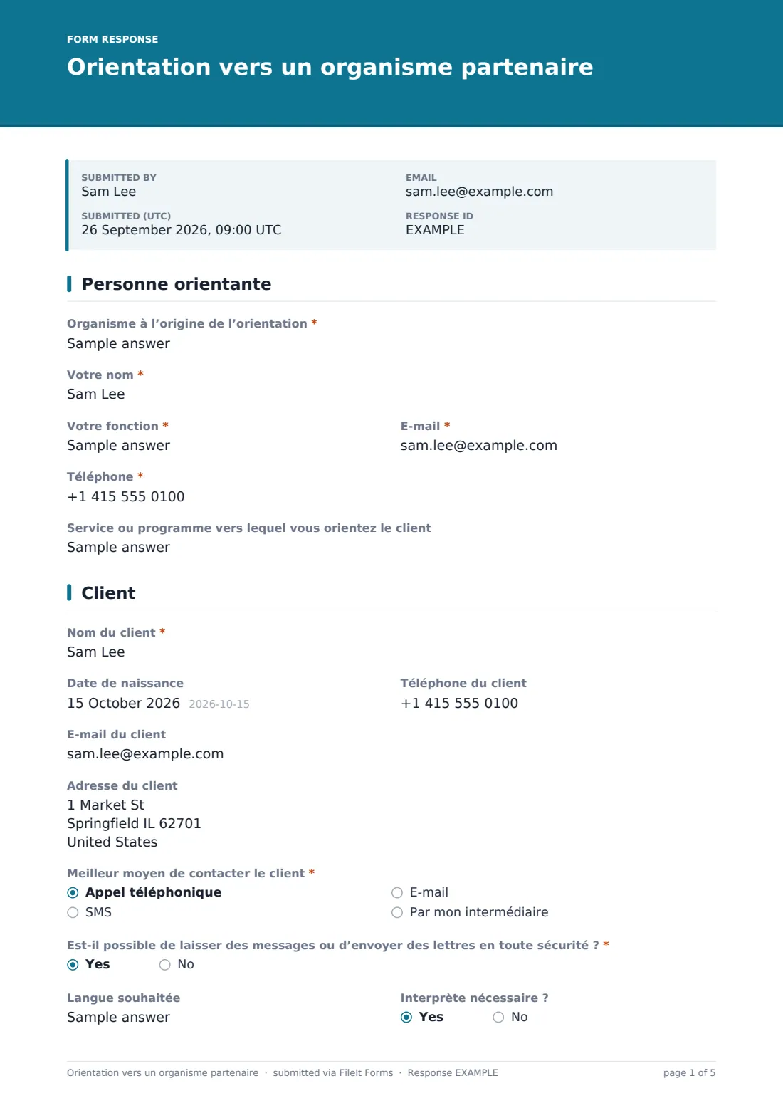 Orientation vers un organisme partenaire — exemple de réponse au format PDF, page 1 sur 5