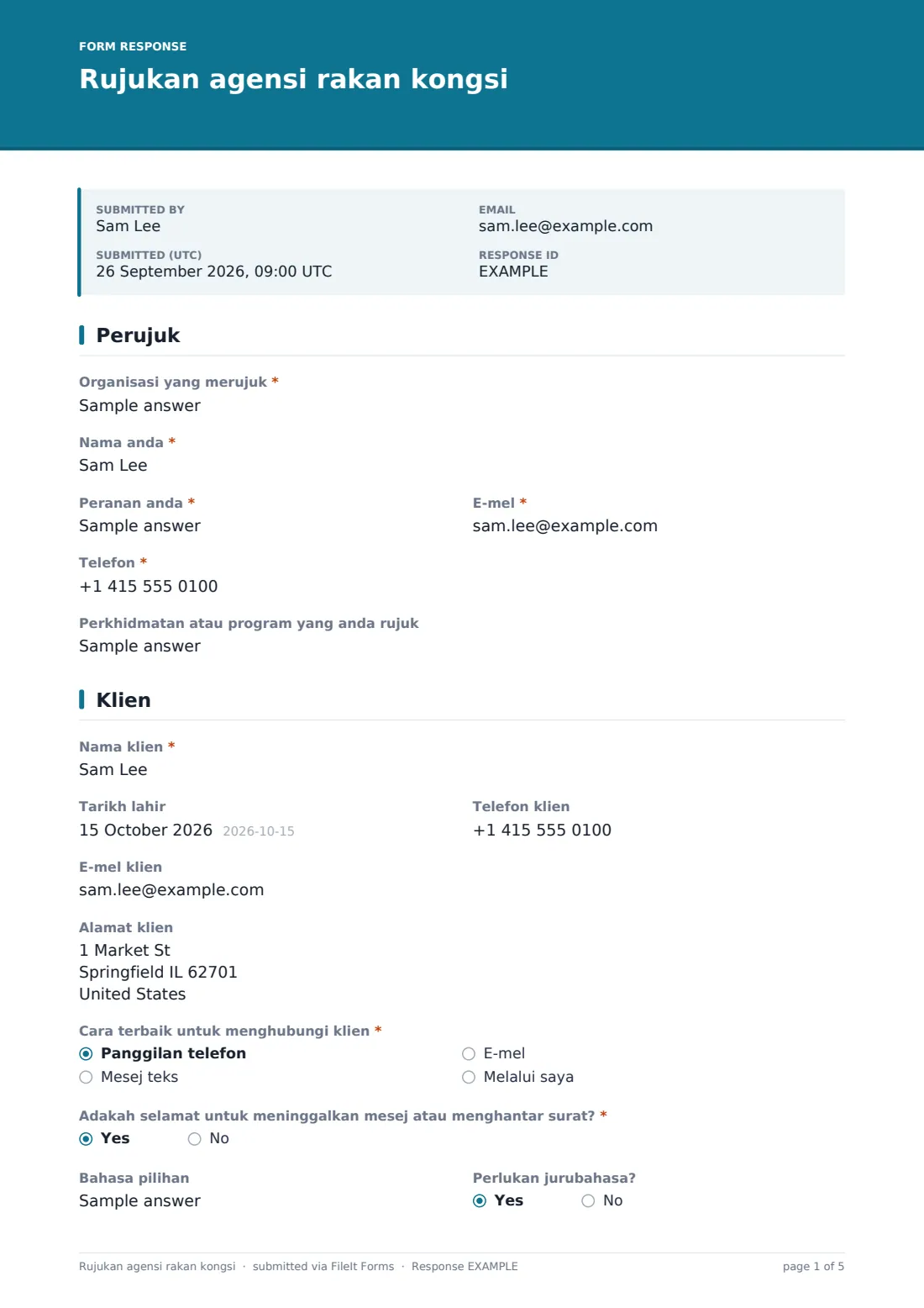Rujukan agensi rakan kongsi — PDF respons contoh, halaman 1 daripada 5