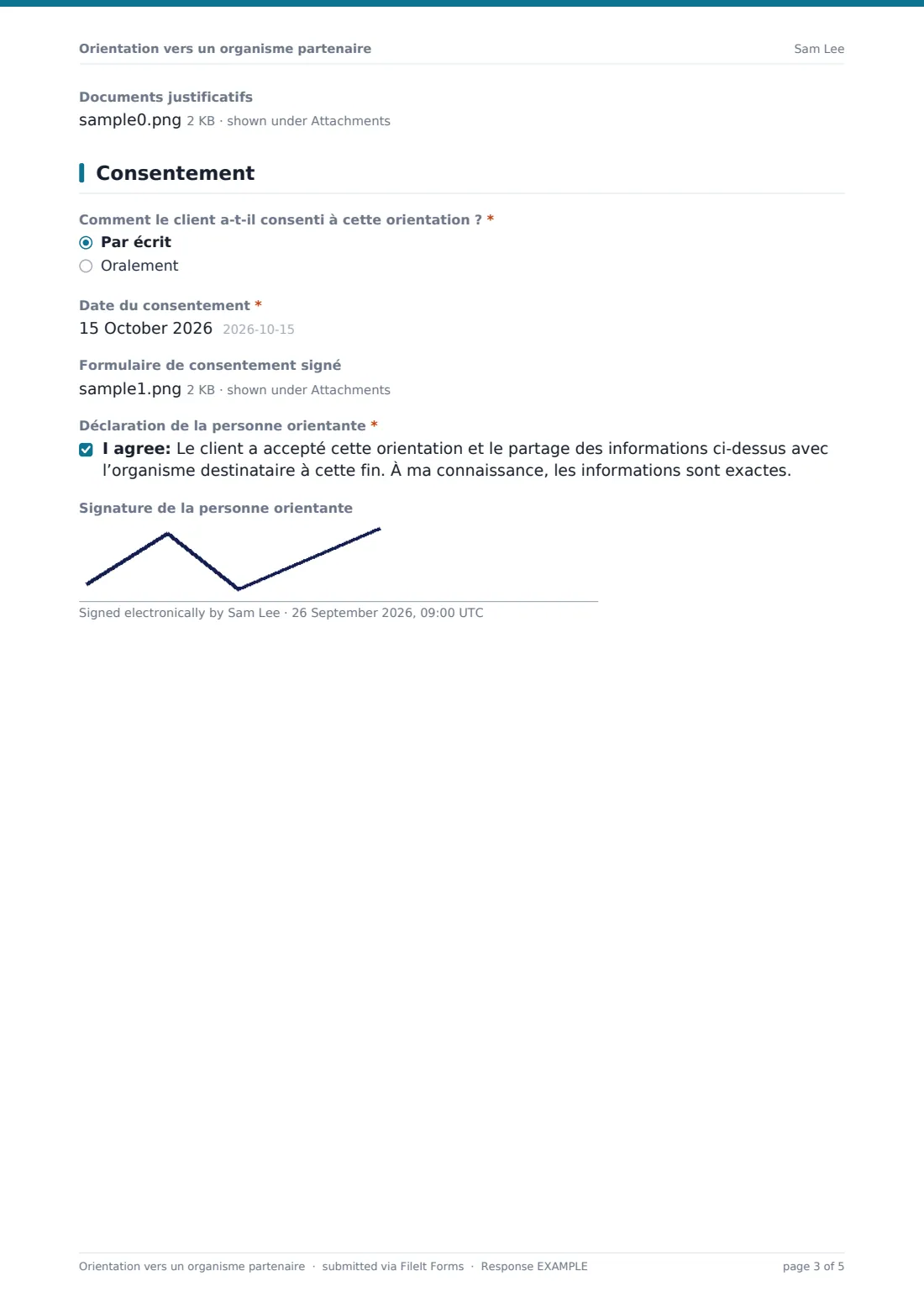 Orientation vers un organisme partenaire — exemple de réponse au format PDF, page 3 sur 5