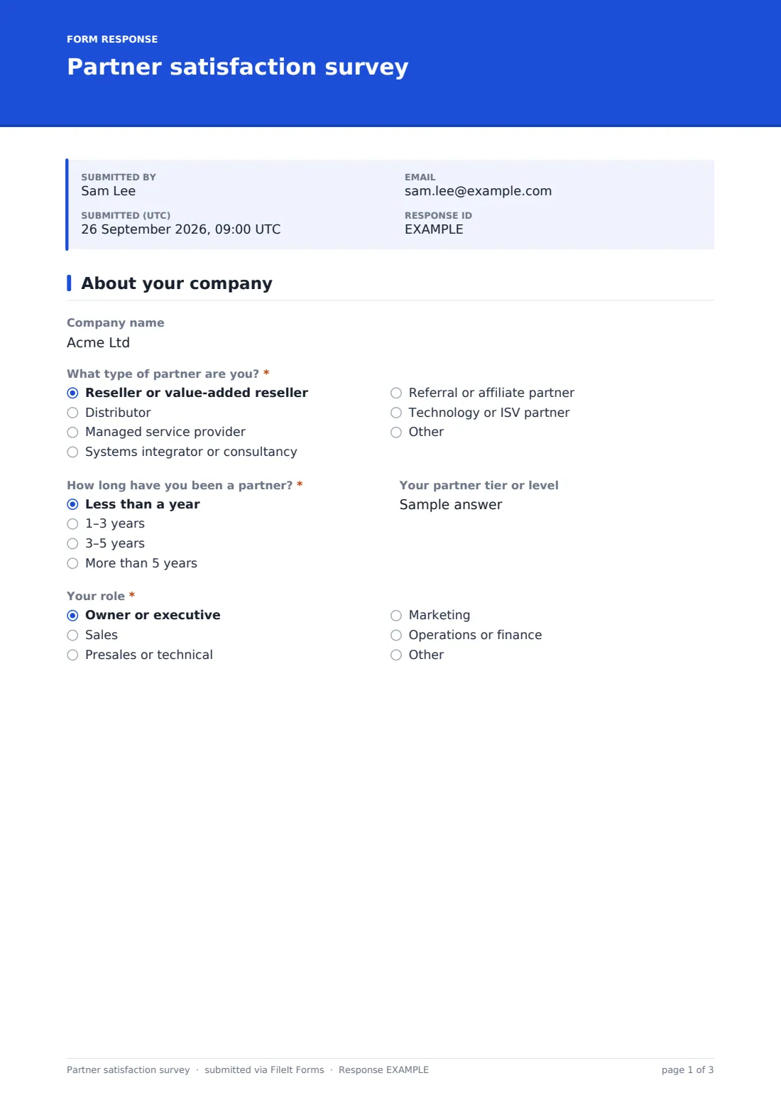 Partner satisfaction survey — example response PDF, page 1 of 3