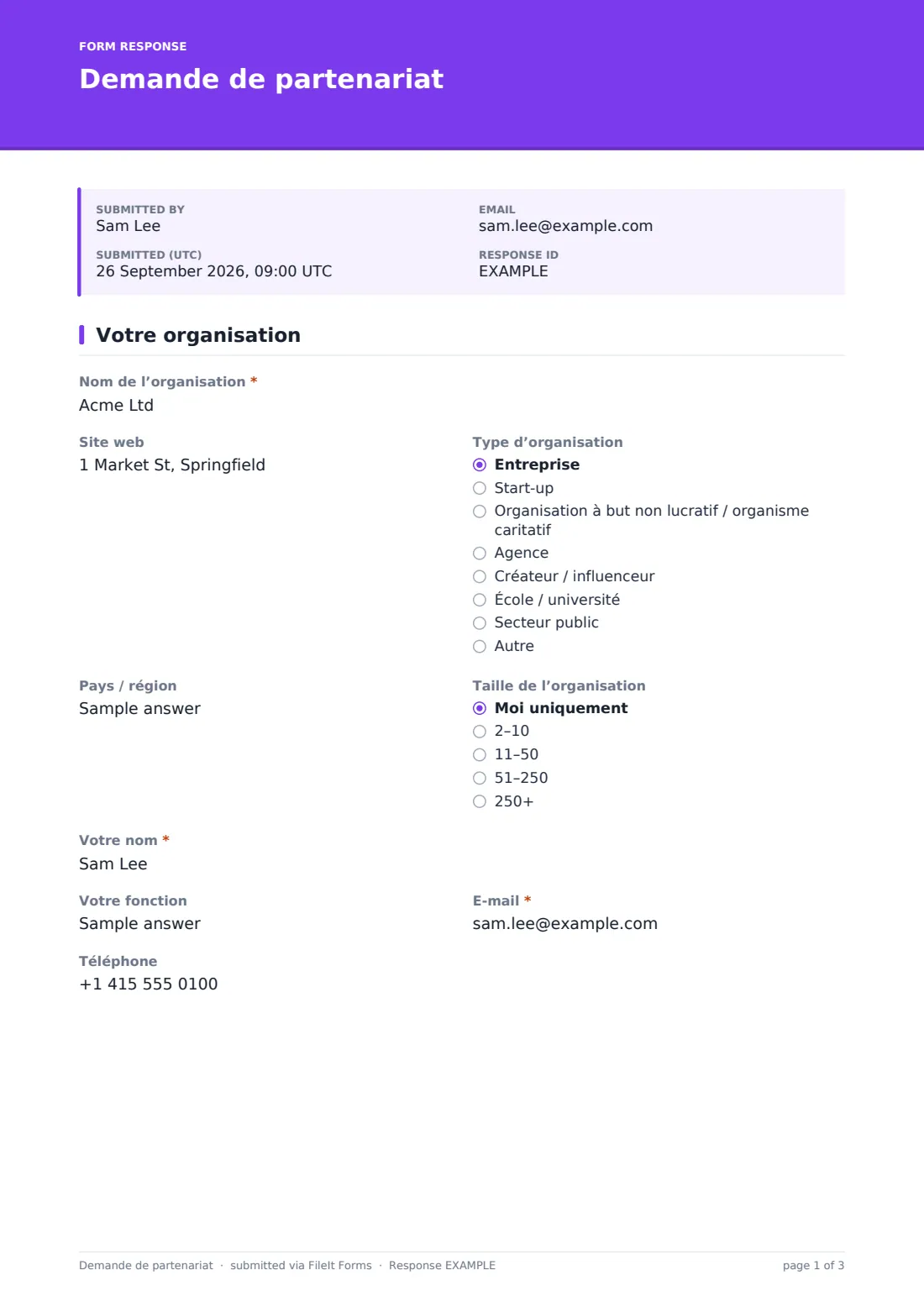 Demande de partenariat — exemple de réponse au format PDF, page 1 sur 3