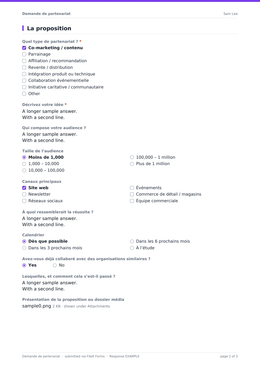 Demande de partenariat — exemple de réponse au format PDF, page 2 sur 3