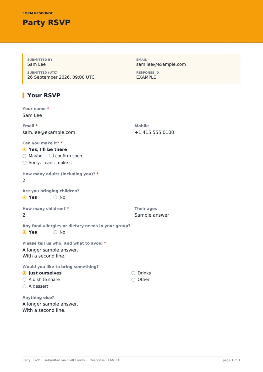 Party RSVP — example response PDF, page 1 of 1
