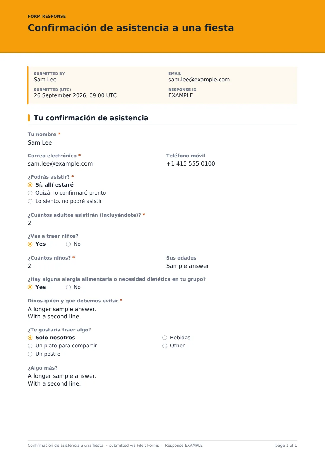 Confirmación de asistencia a una fiesta — PDF de respuesta de ejemplo, página 1 de 1
