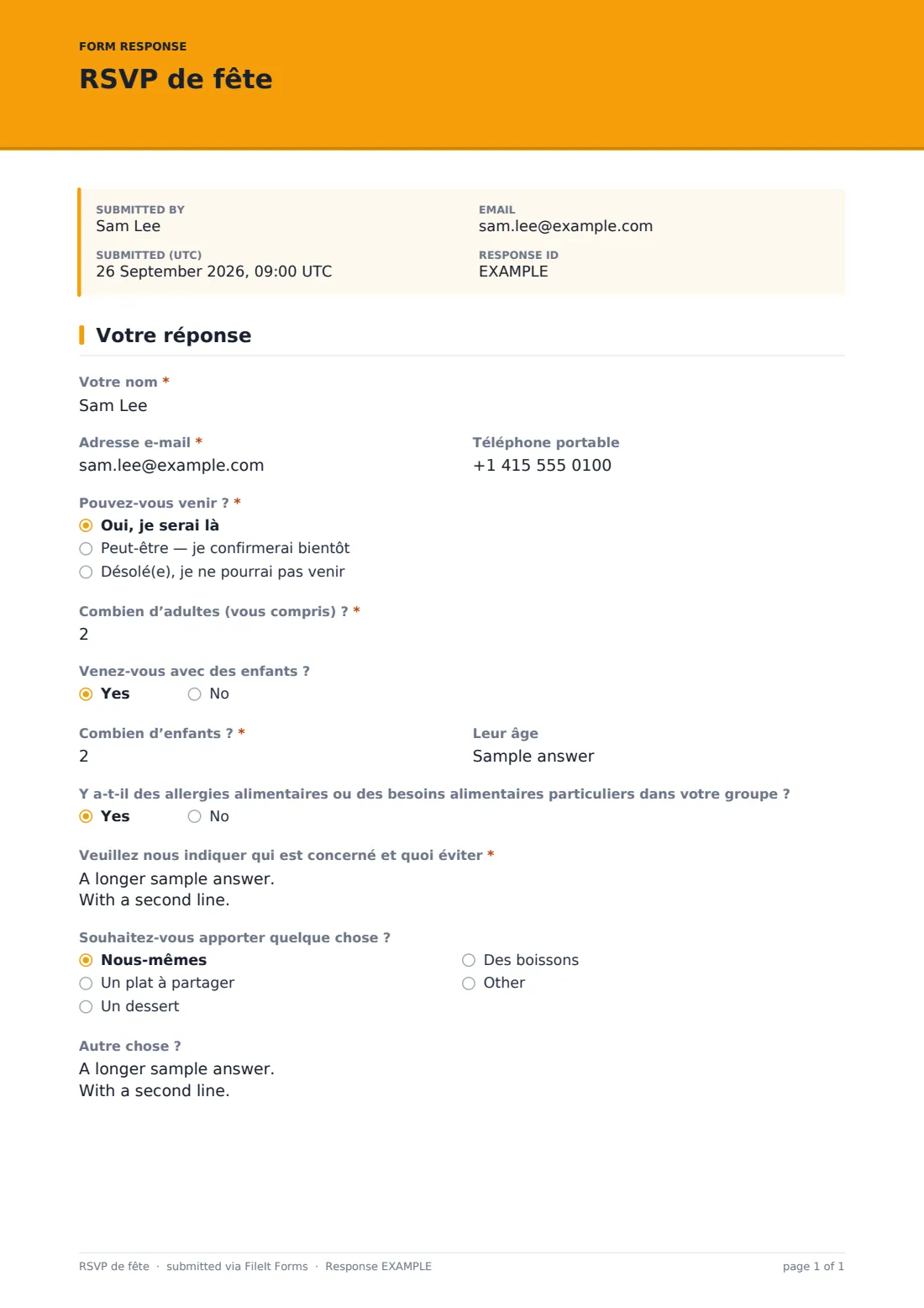 RSVP de fête — exemple de réponse au format PDF, page 1 sur 1