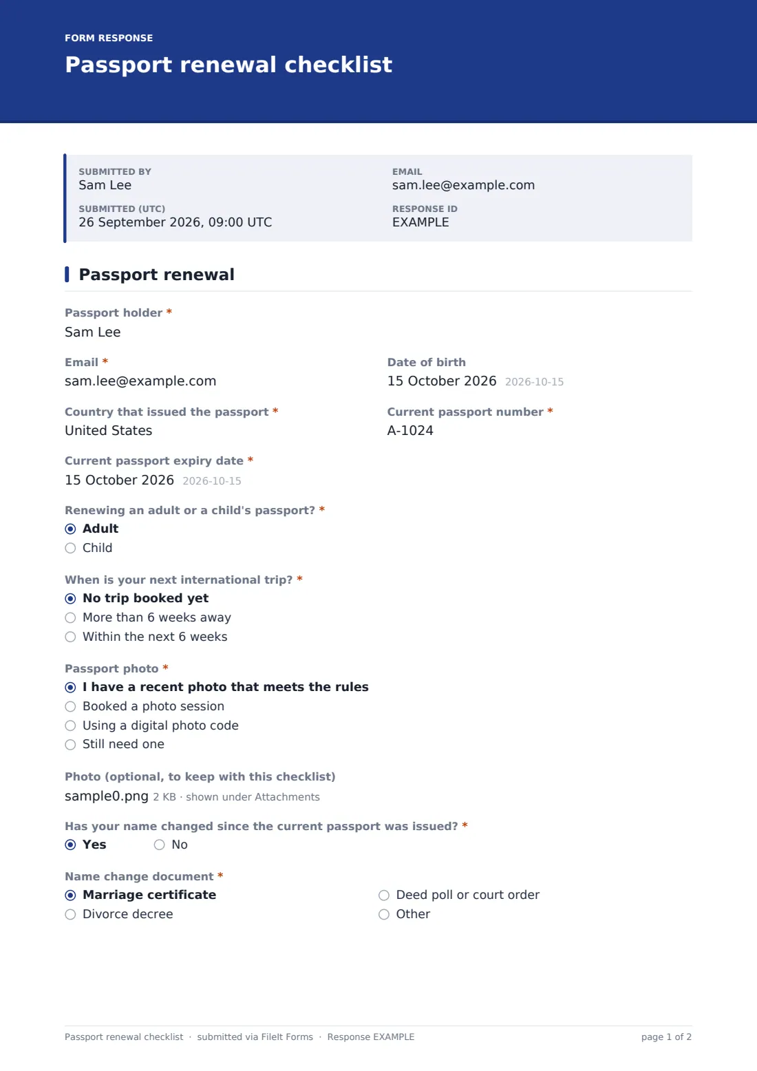Passport renewal checklist — example response PDF, page 1 of 2