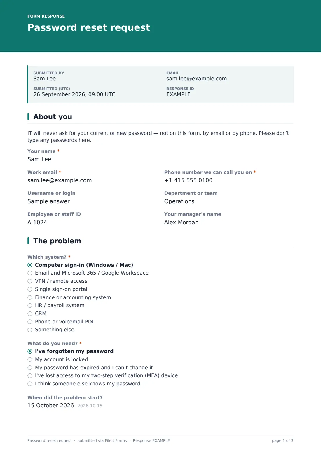 Password reset request — example response PDF, page 1 of 3