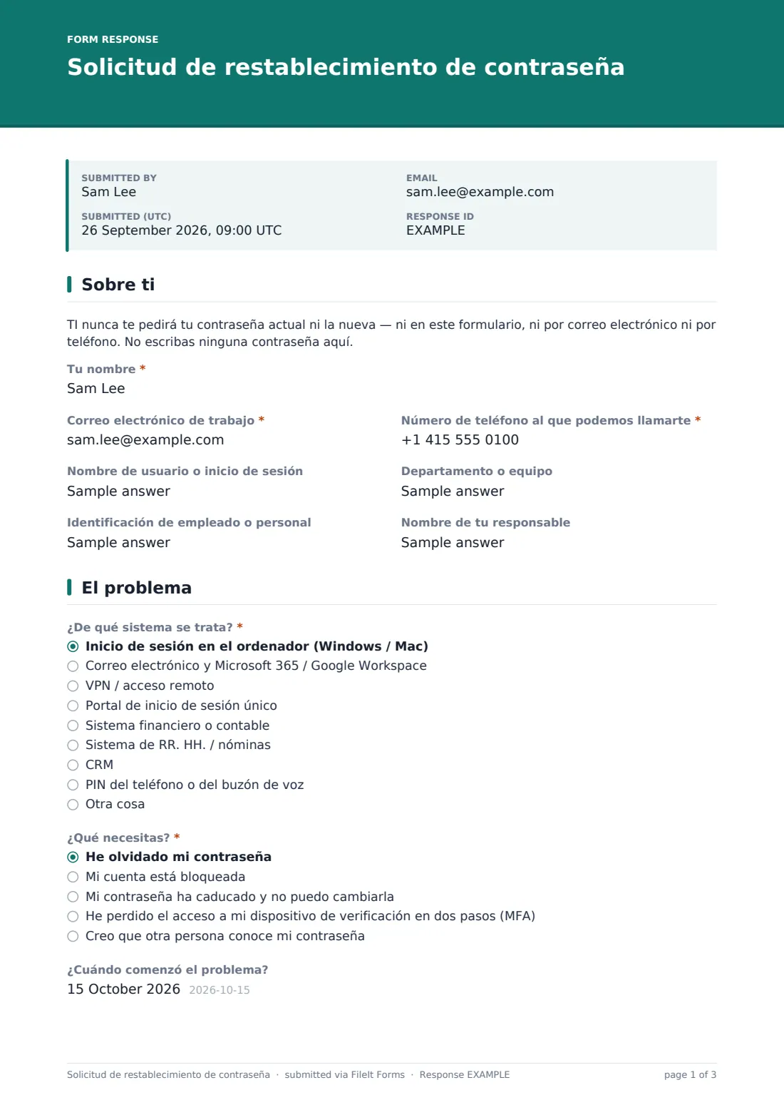 Solicitud de restablecimiento de contraseña — PDF de respuesta de ejemplo, página 1 de 3