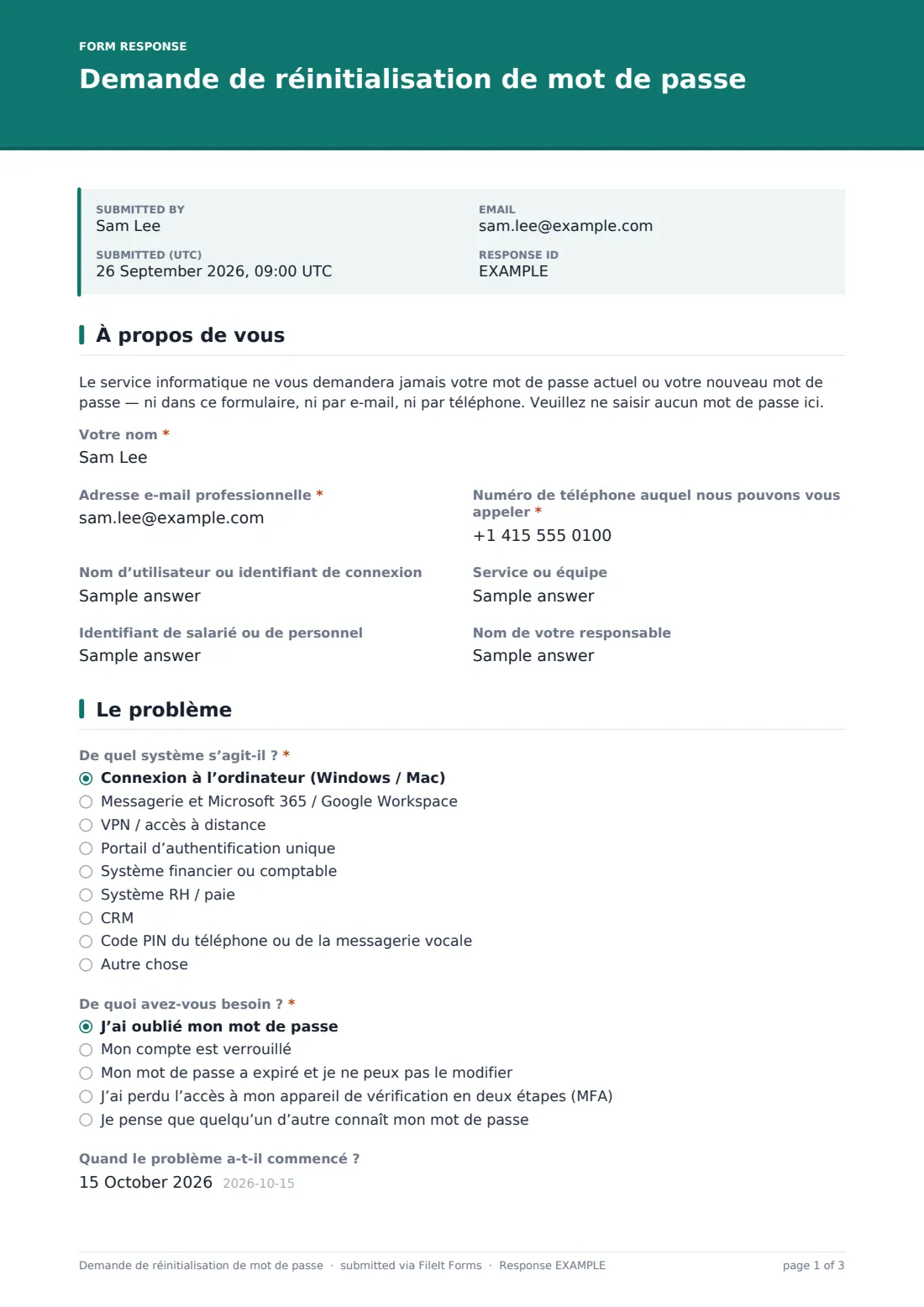 Demande de réinitialisation de mot de passe — exemple de réponse au format PDF, page 1 sur 3