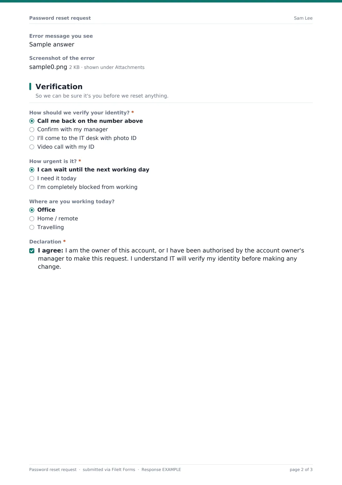 Password reset request — example response PDF, page 2 of 3