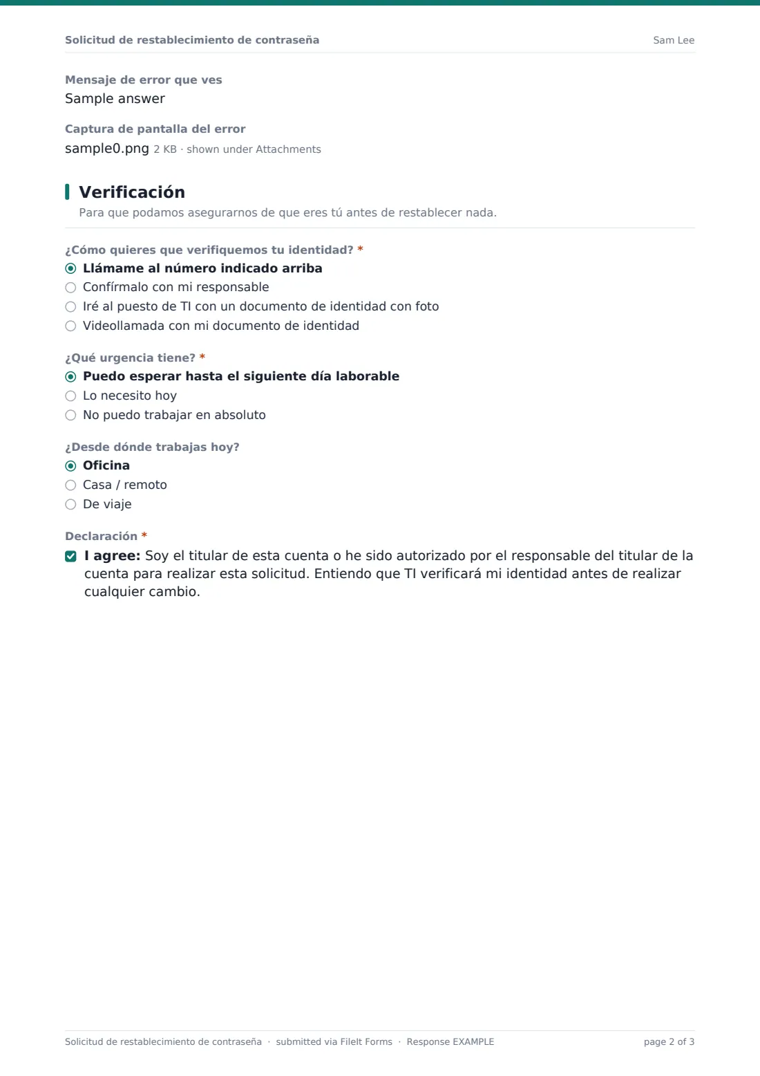 Solicitud de restablecimiento de contraseña — PDF de respuesta de ejemplo, página 2 de 3