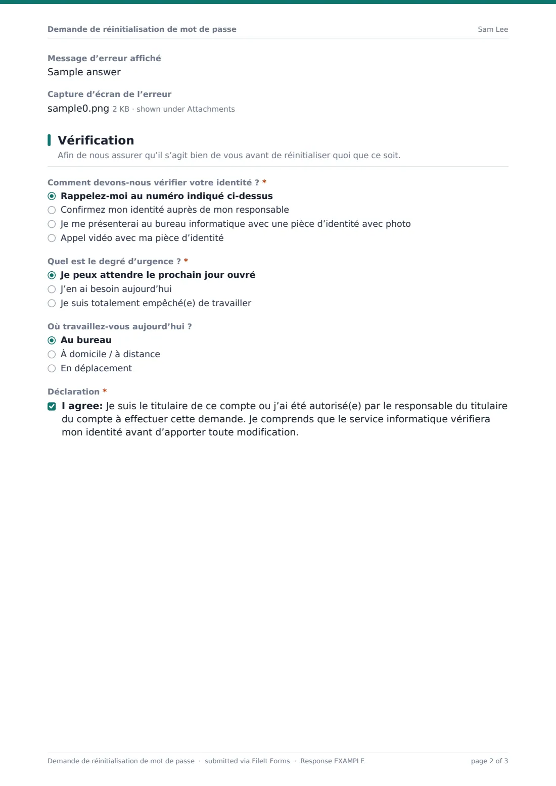 Demande de réinitialisation de mot de passe — exemple de réponse au format PDF, page 2 sur 3