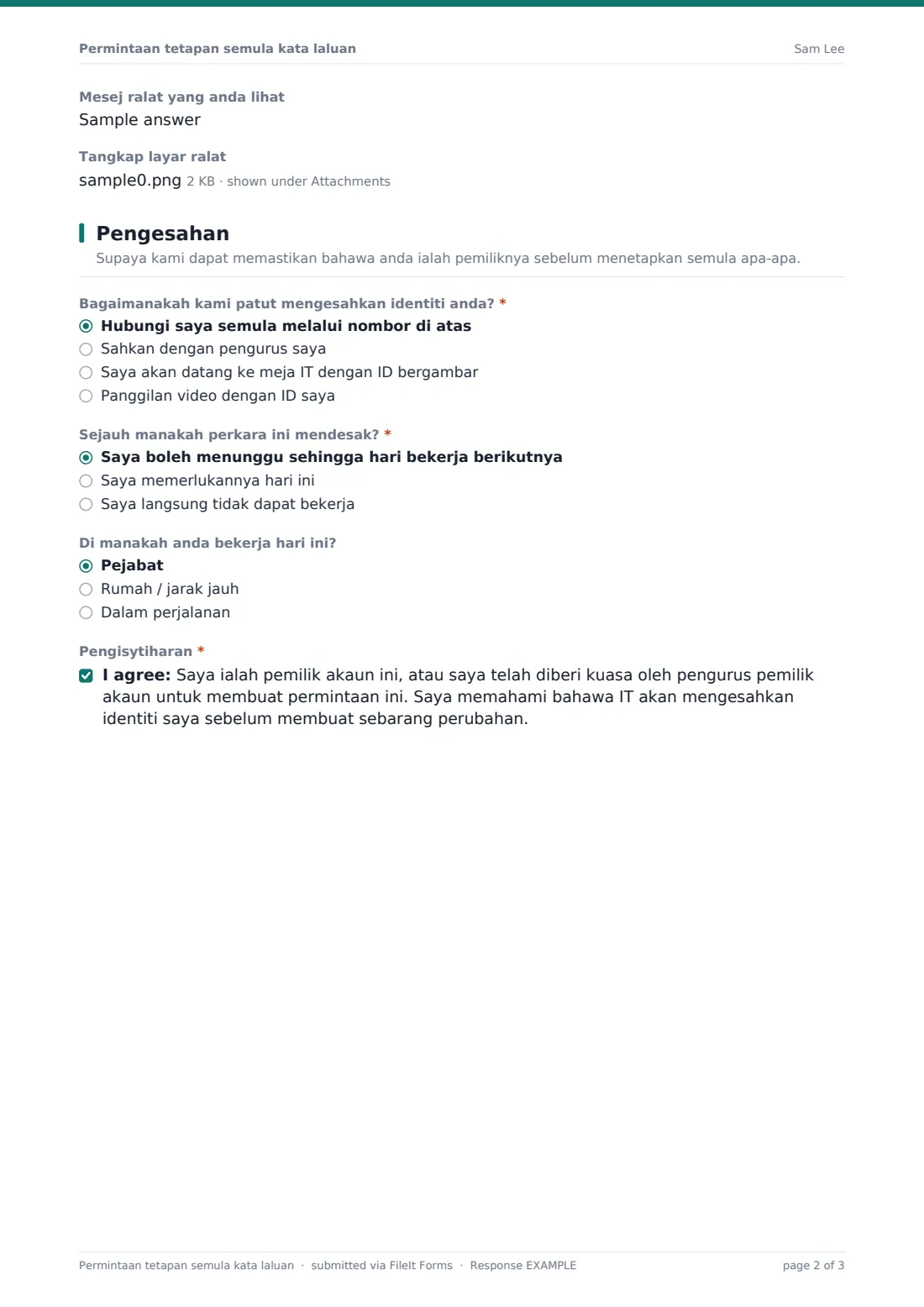 Permintaan tetapan semula kata laluan — PDF respons contoh, halaman 2 daripada 3