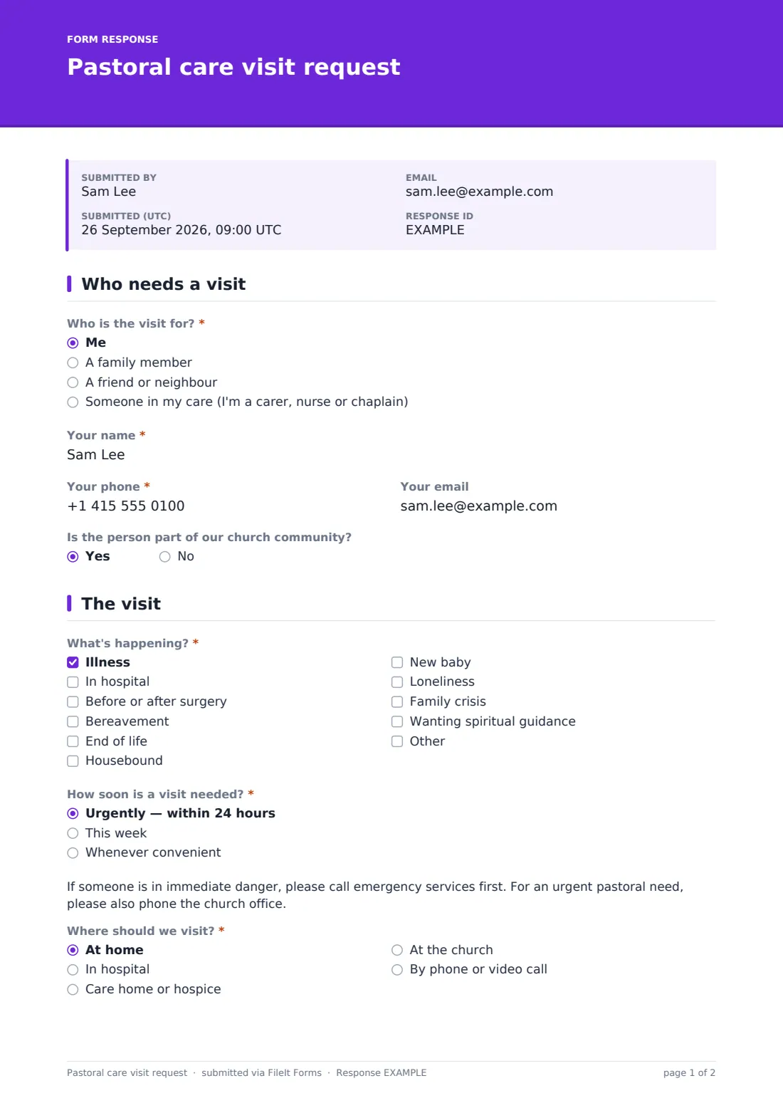 Pastoral care visit request — example response PDF, page 1 of 2