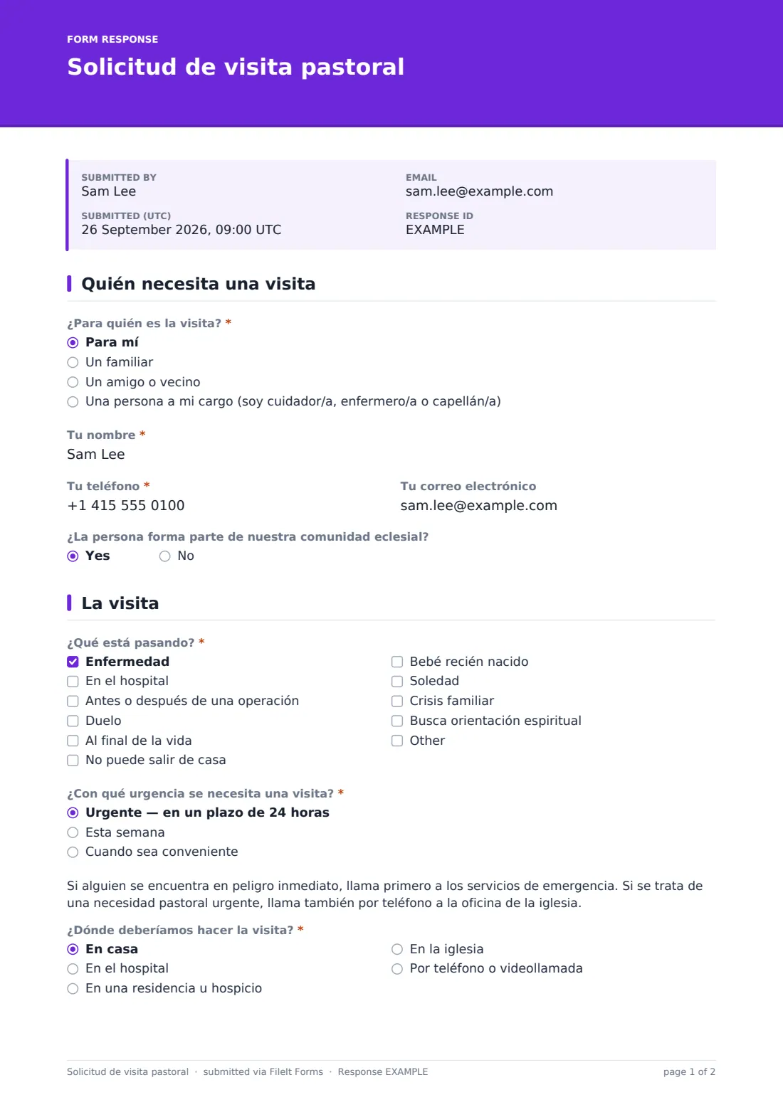 Solicitud de visita pastoral — PDF de respuesta de ejemplo, página 1 de 2
