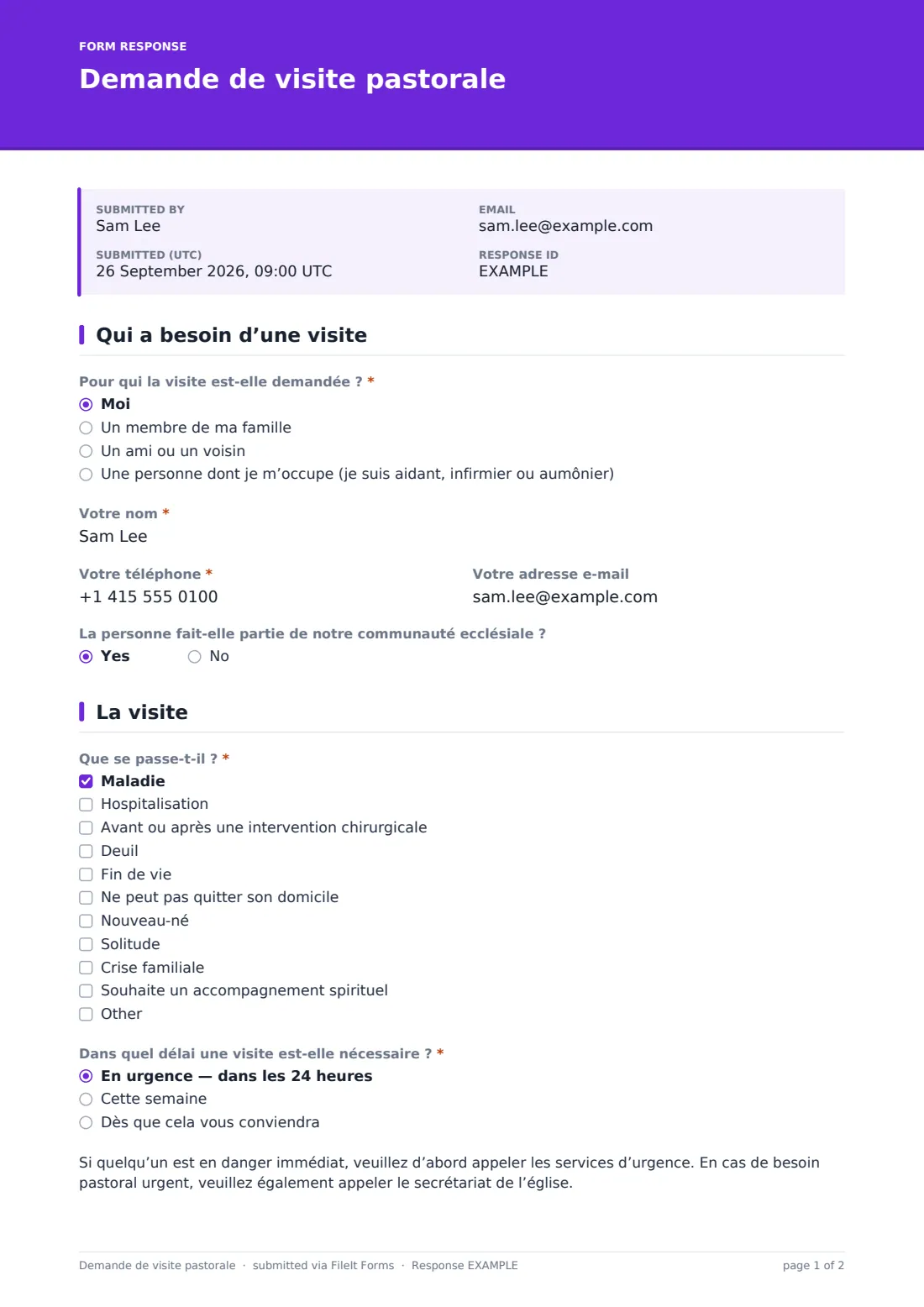 Demande de visite pastorale — exemple de réponse au format PDF, page 1 sur 2
