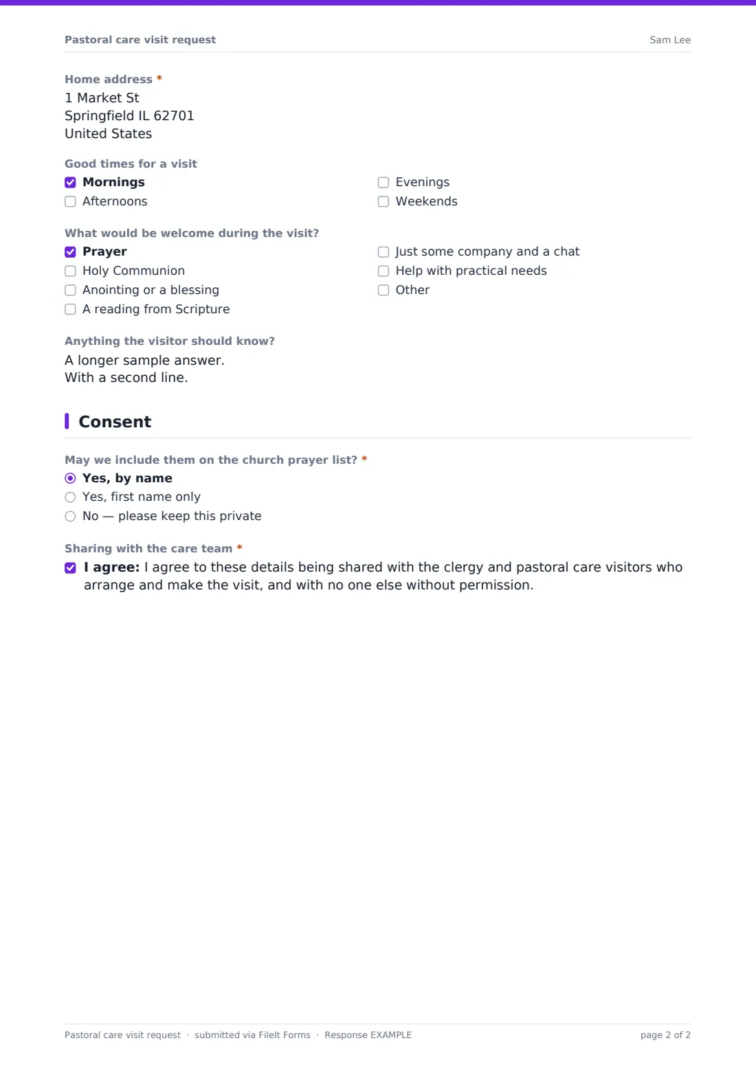 Pastoral care visit request — example response PDF, page 2 of 2