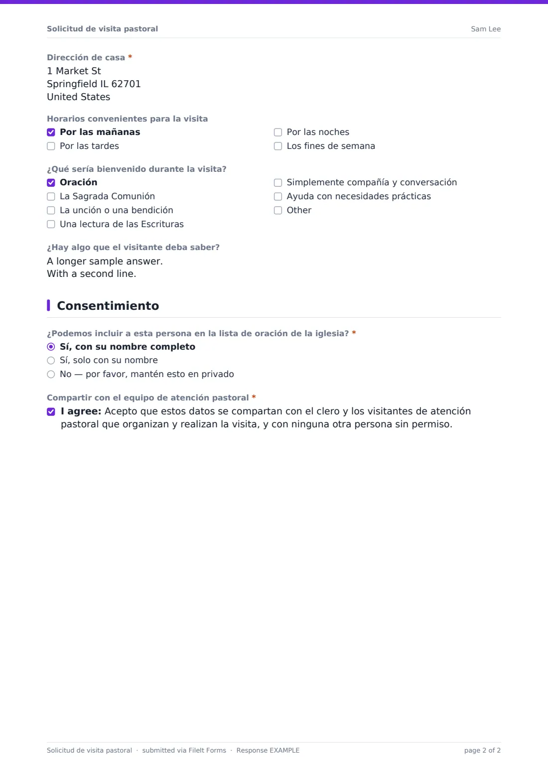 Solicitud de visita pastoral — PDF de respuesta de ejemplo, página 2 de 2
