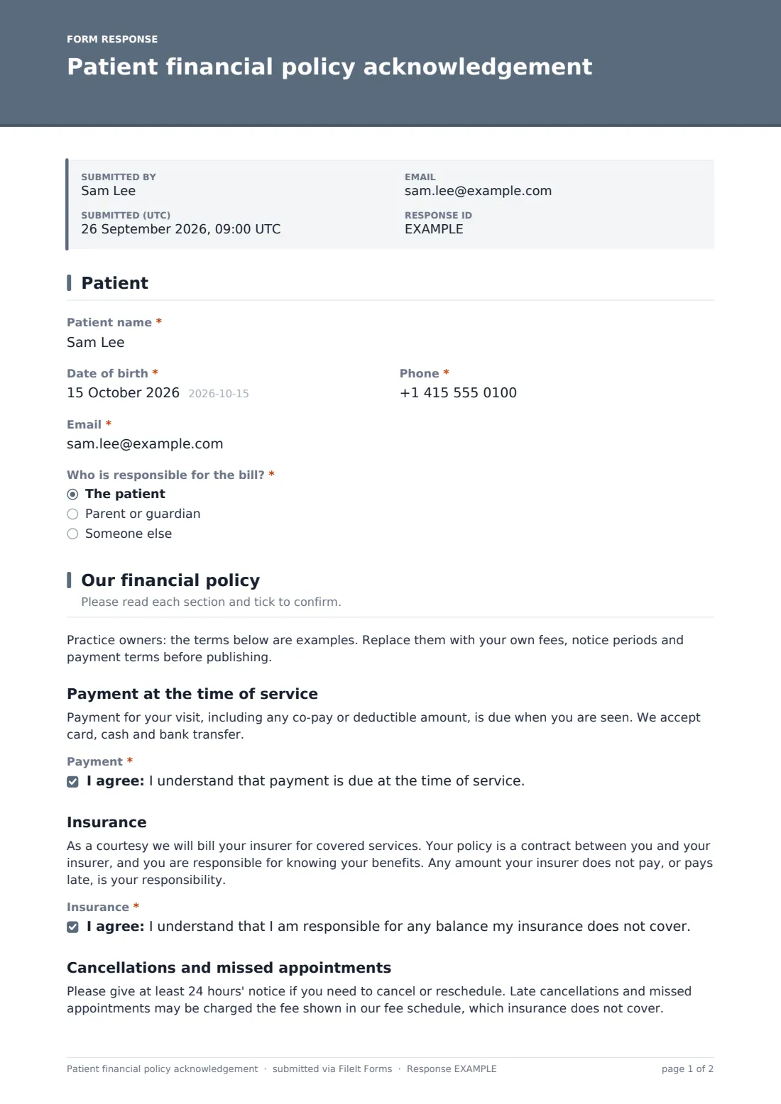 Patient financial policy acknowledgement — example response PDF, page 1 of 2