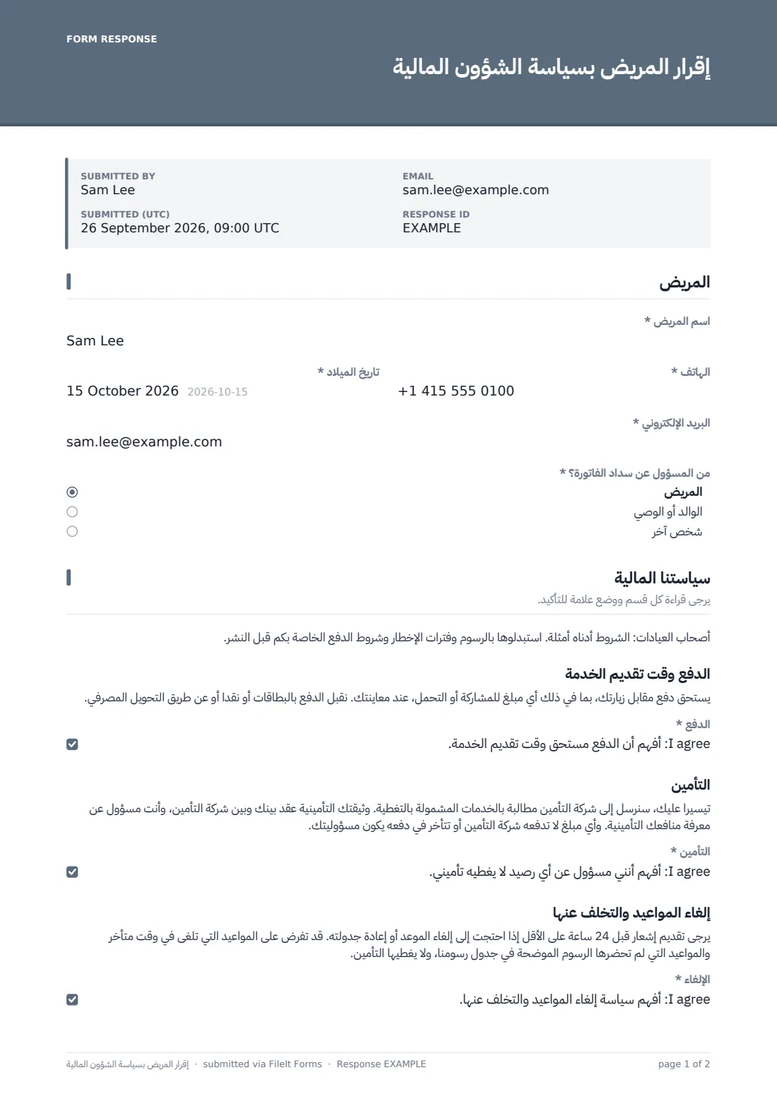 إقرار المريض بسياسة الشؤون المالية — ملف PDF لرد نموذجي، الصفحة 1 من 2