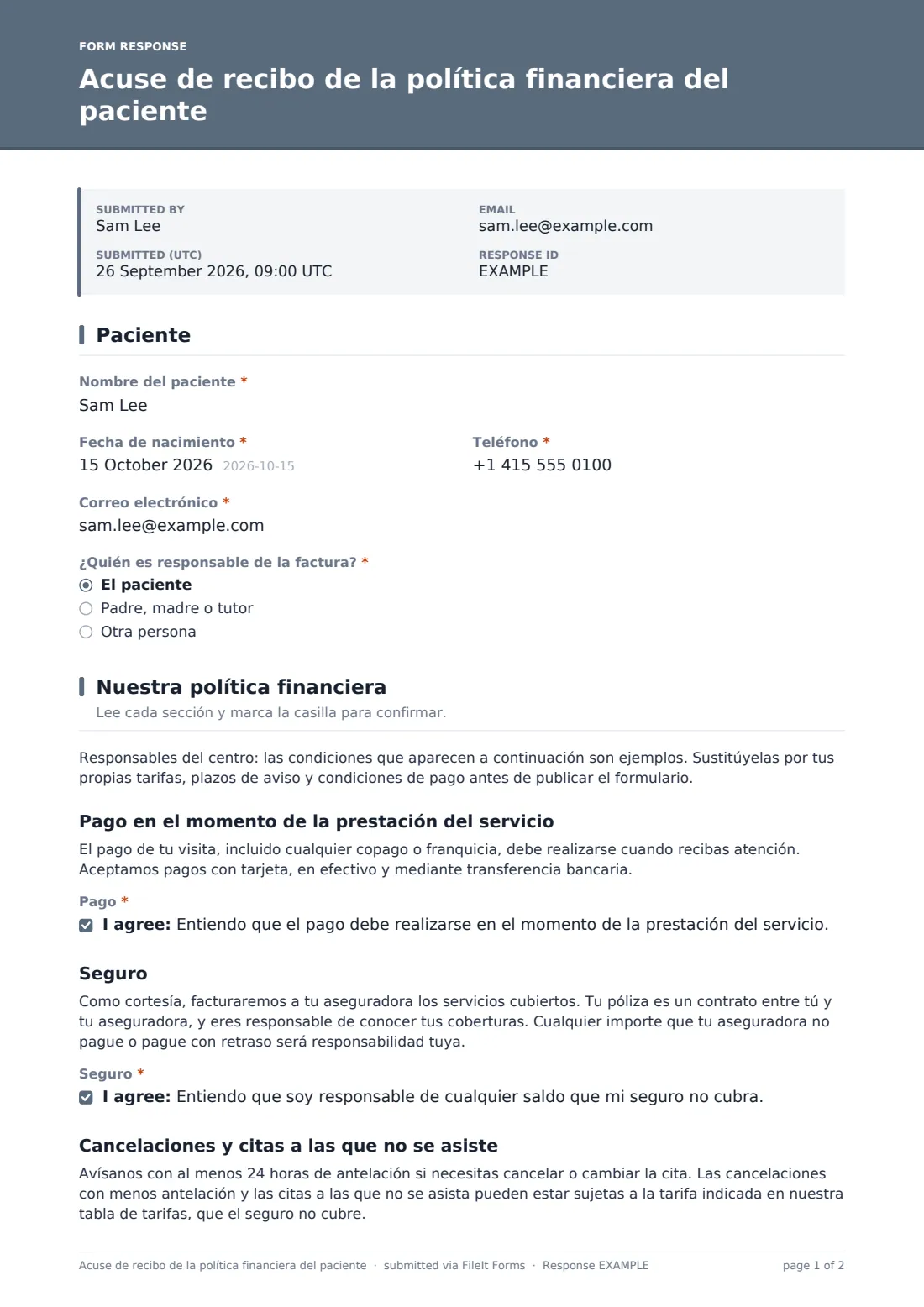 Acuse de recibo de la política financiera del paciente — PDF de respuesta de ejemplo, página 1 de 2