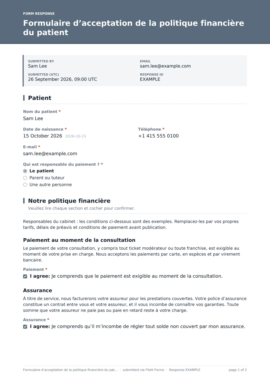 Formulaire d’acceptation de la politique financière du patient — exemple de réponse au format PDF, page 1 sur 2