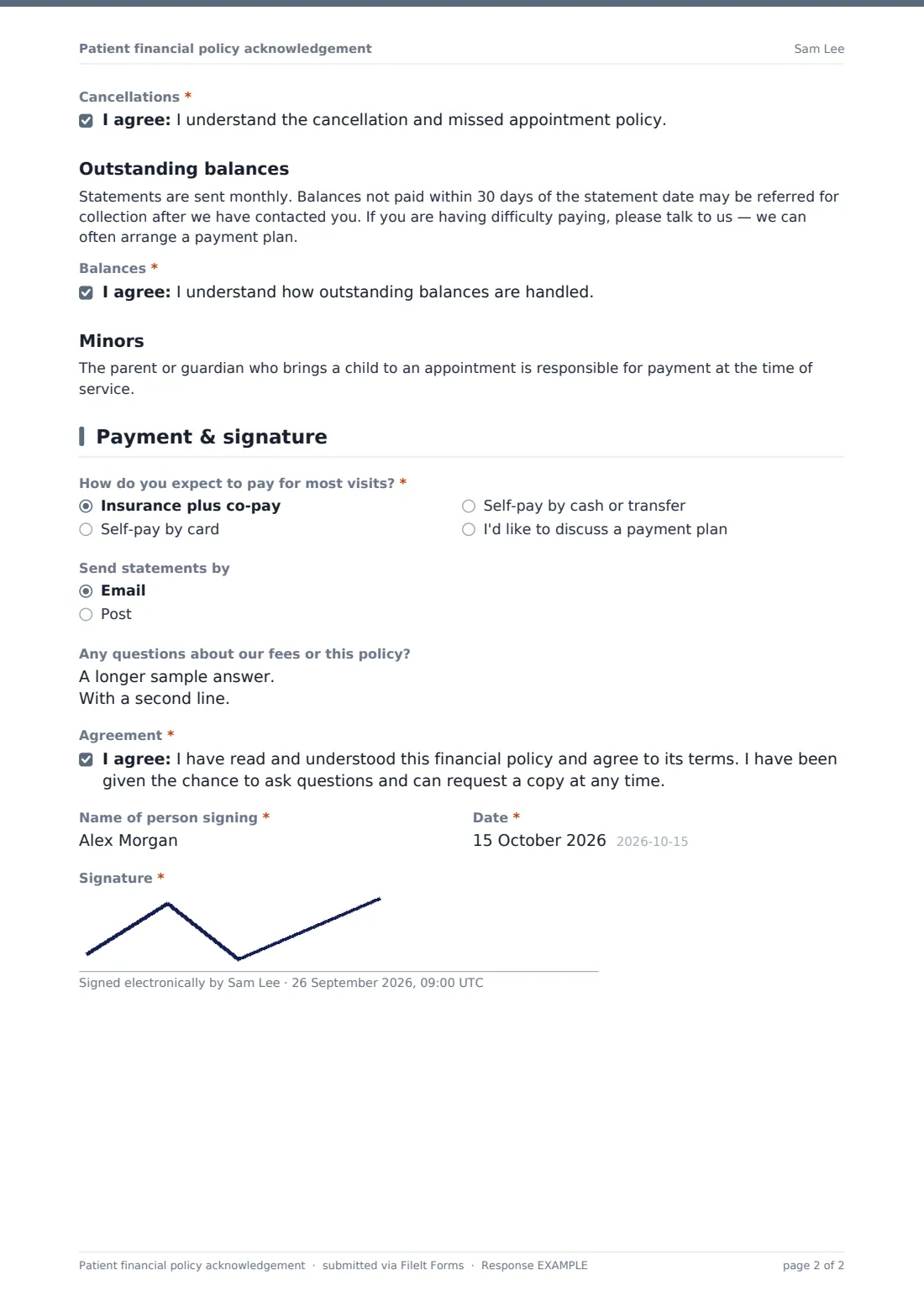 Patient financial policy acknowledgement — example response PDF, page 2 of 2