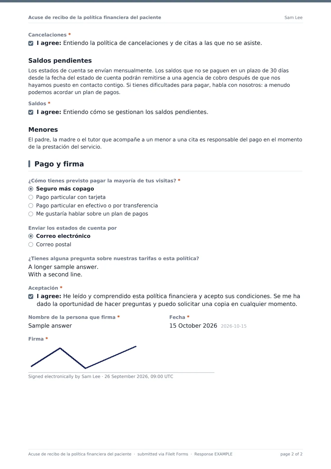 Acuse de recibo de la política financiera del paciente — PDF de respuesta de ejemplo, página 2 de 2