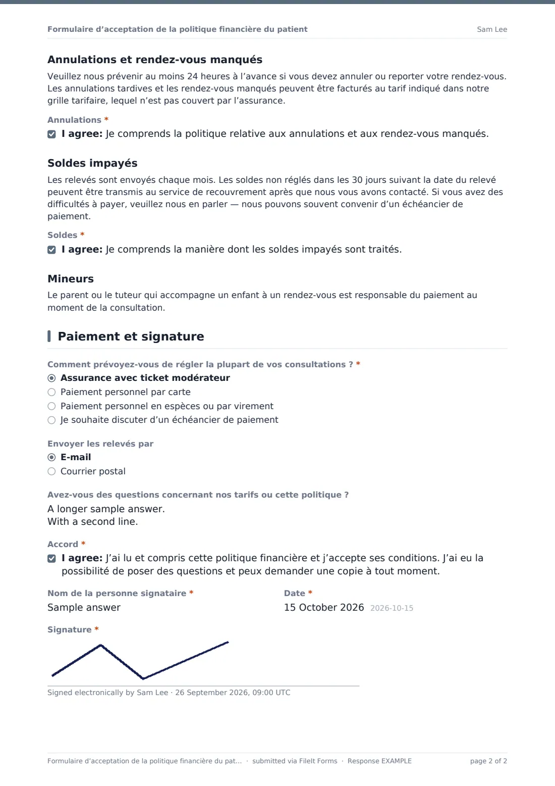 Formulaire d’acceptation de la politique financière du patient — exemple de réponse au format PDF, page 2 sur 2