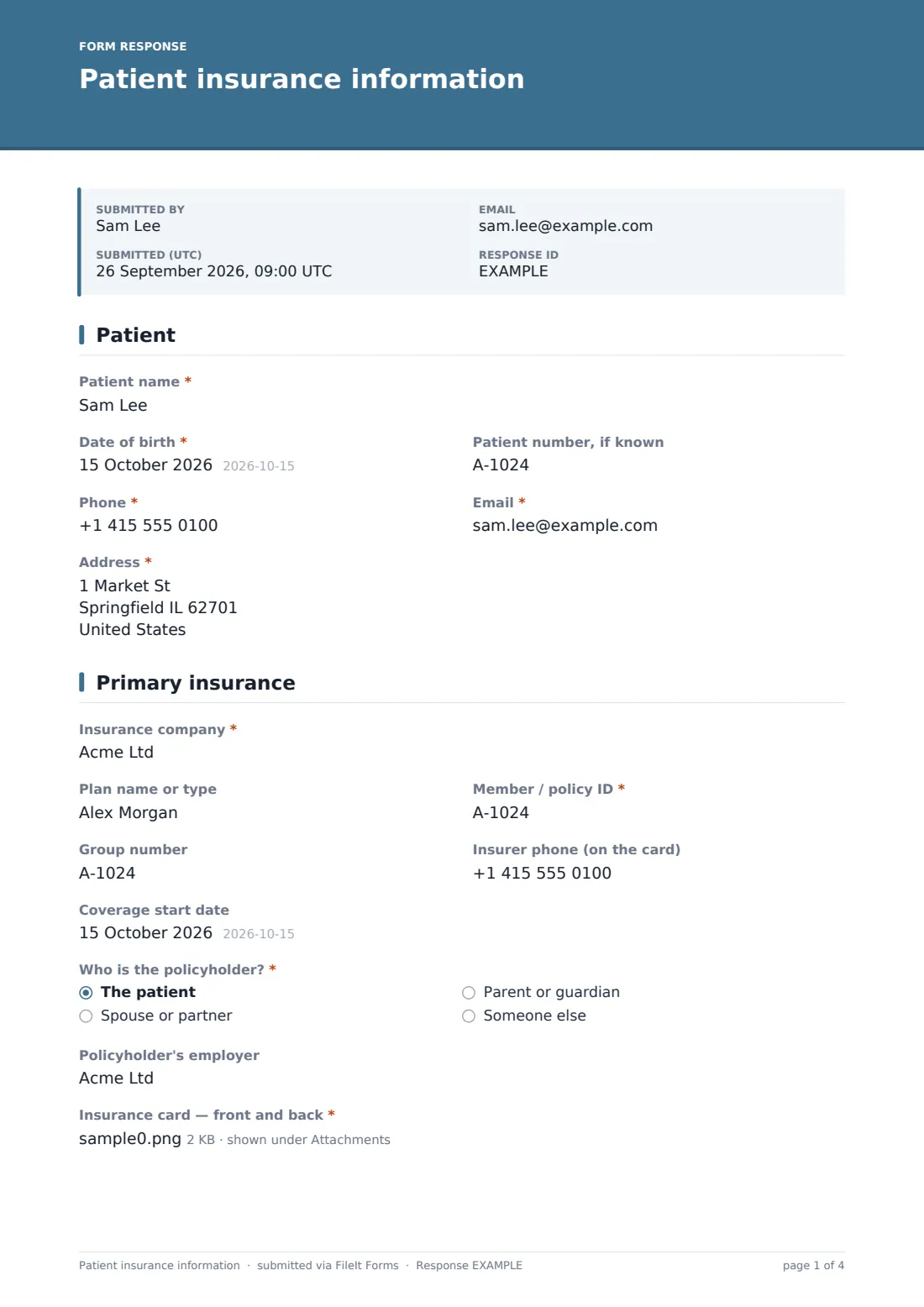 Patient insurance information — example response PDF, page 1 of 4