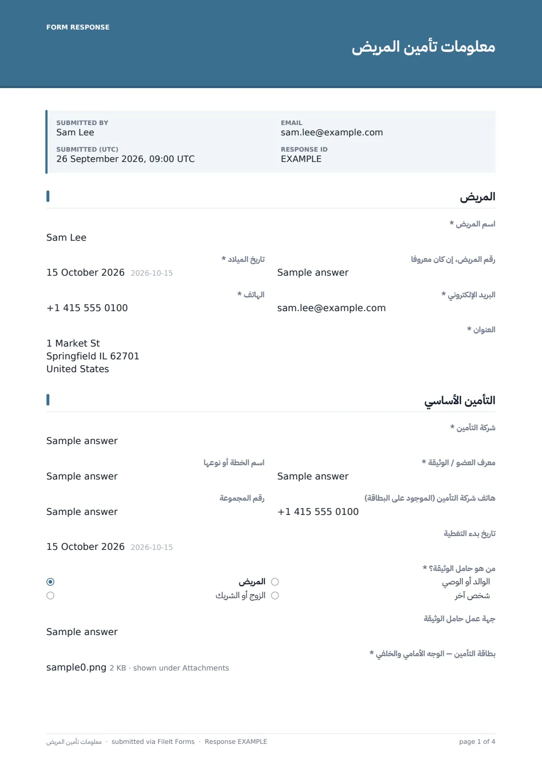 معلومات تأمين المريض — ملف PDF لرد نموذجي، الصفحة 1 من 4