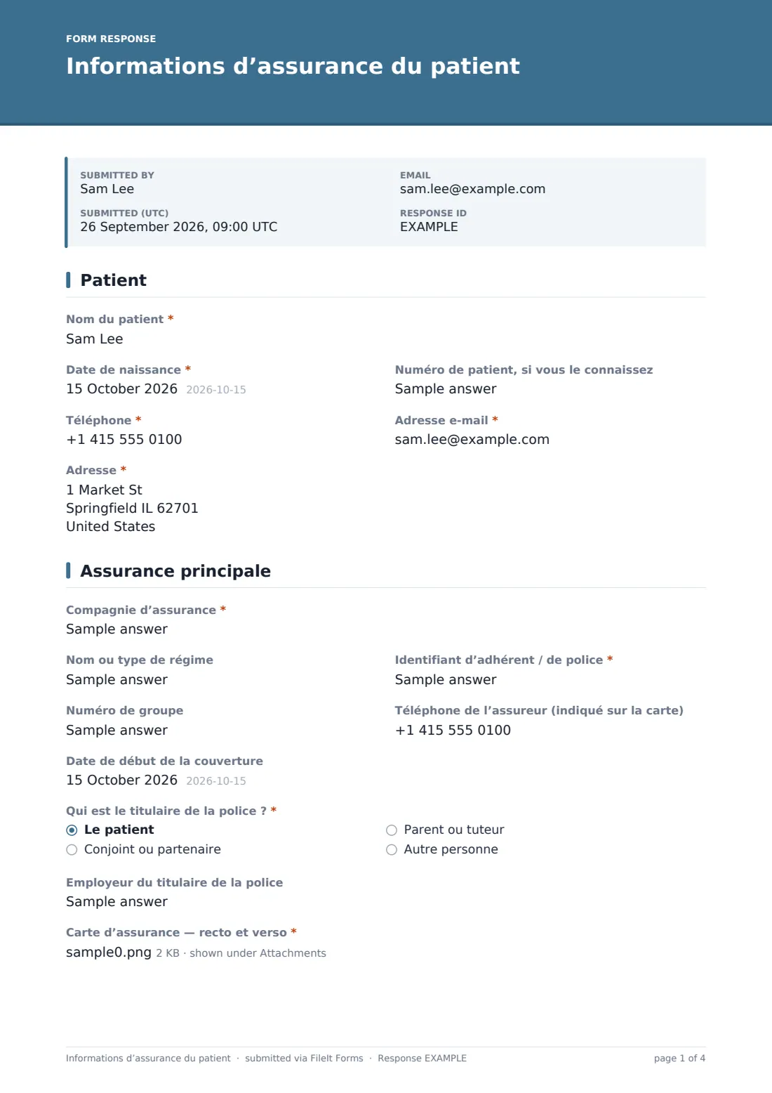Informations d’assurance du patient — exemple de réponse au format PDF, page 1 sur 4