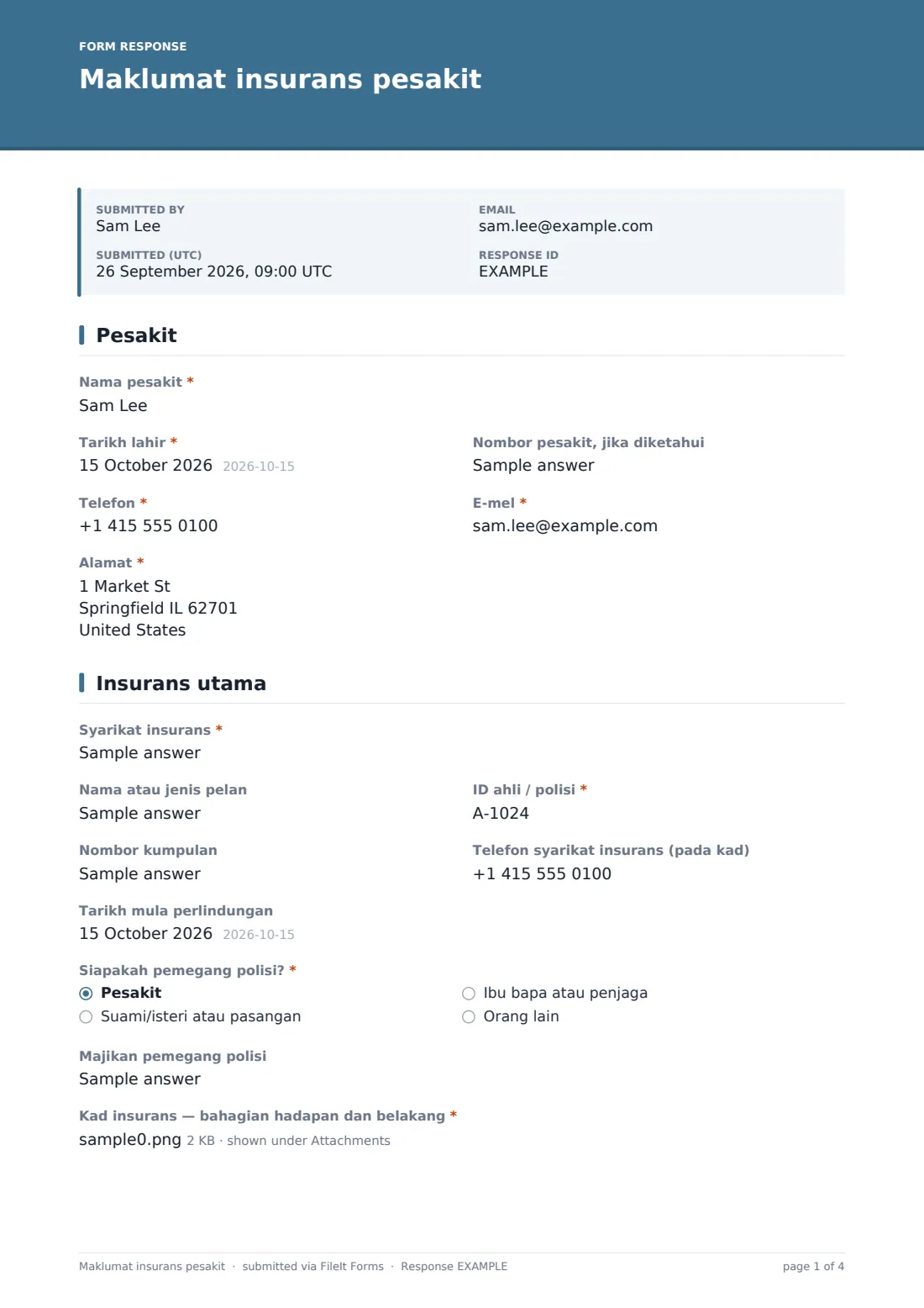 Maklumat insurans pesakit — PDF respons contoh, halaman 1 daripada 4