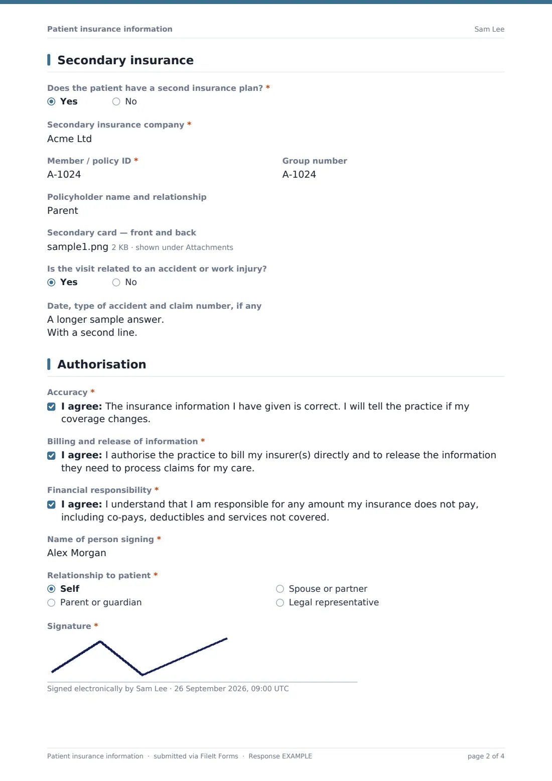 Patient insurance information — example response PDF, page 2 of 4