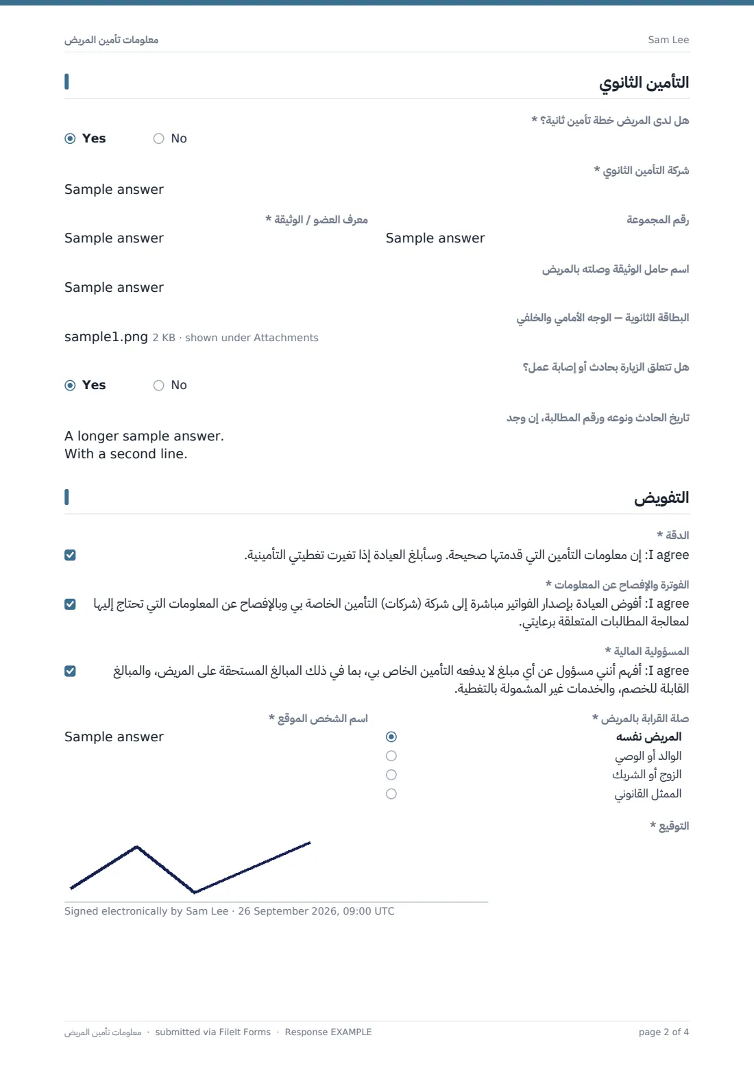 معلومات تأمين المريض — ملف PDF لرد نموذجي، الصفحة 2 من 4