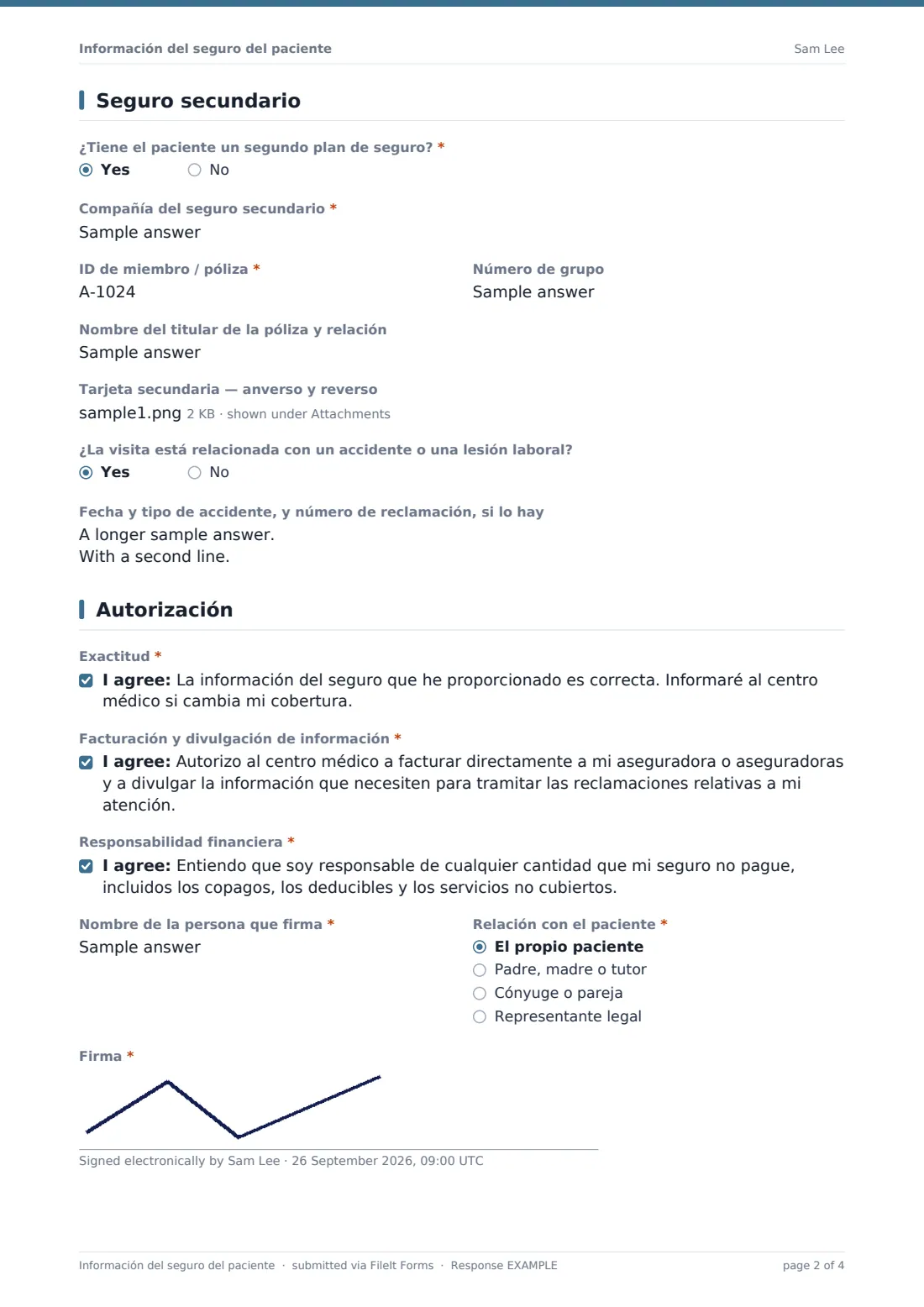 Información del seguro del paciente — PDF de respuesta de ejemplo, página 2 de 4