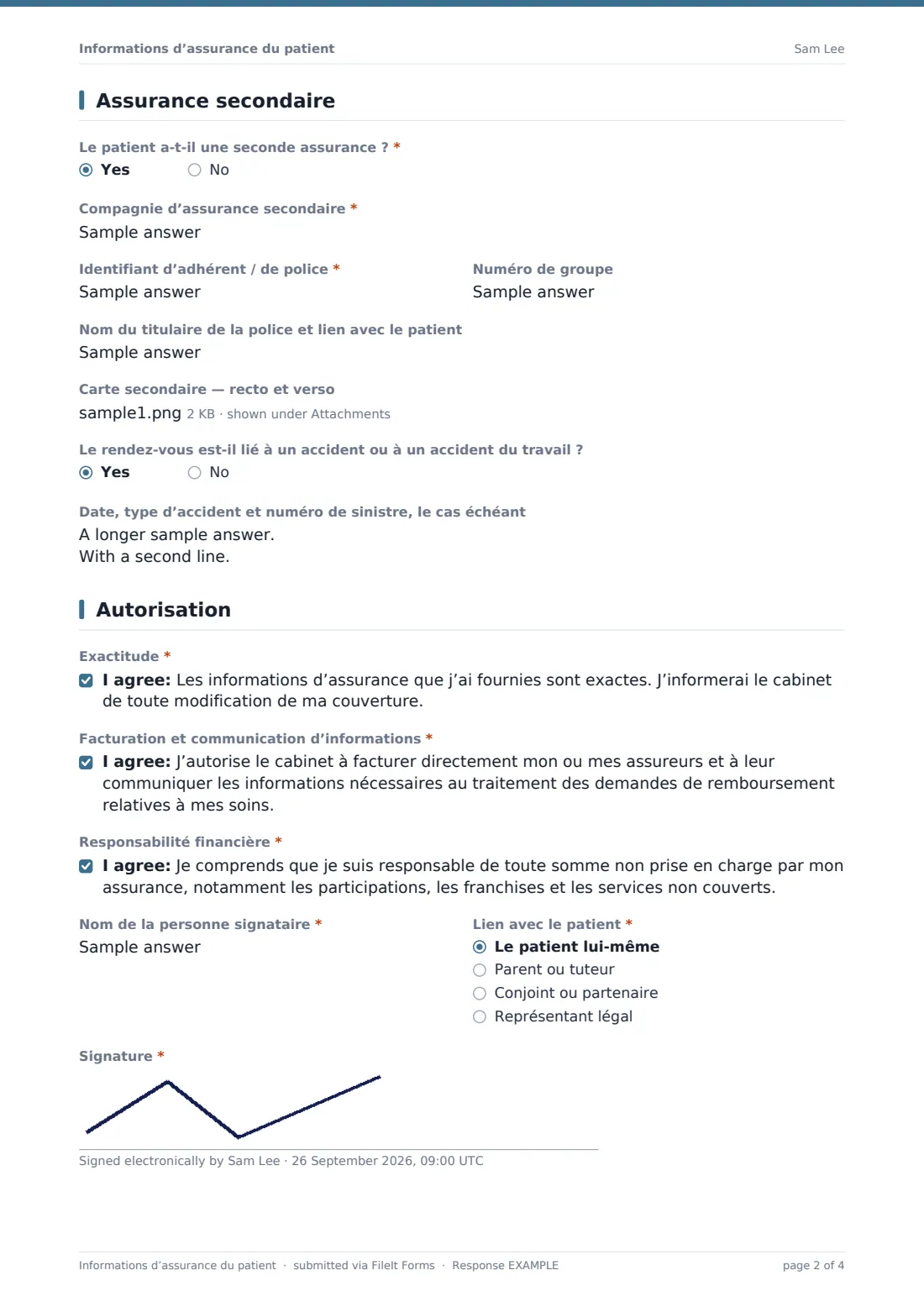 Informations d’assurance du patient — exemple de réponse au format PDF, page 2 sur 4
