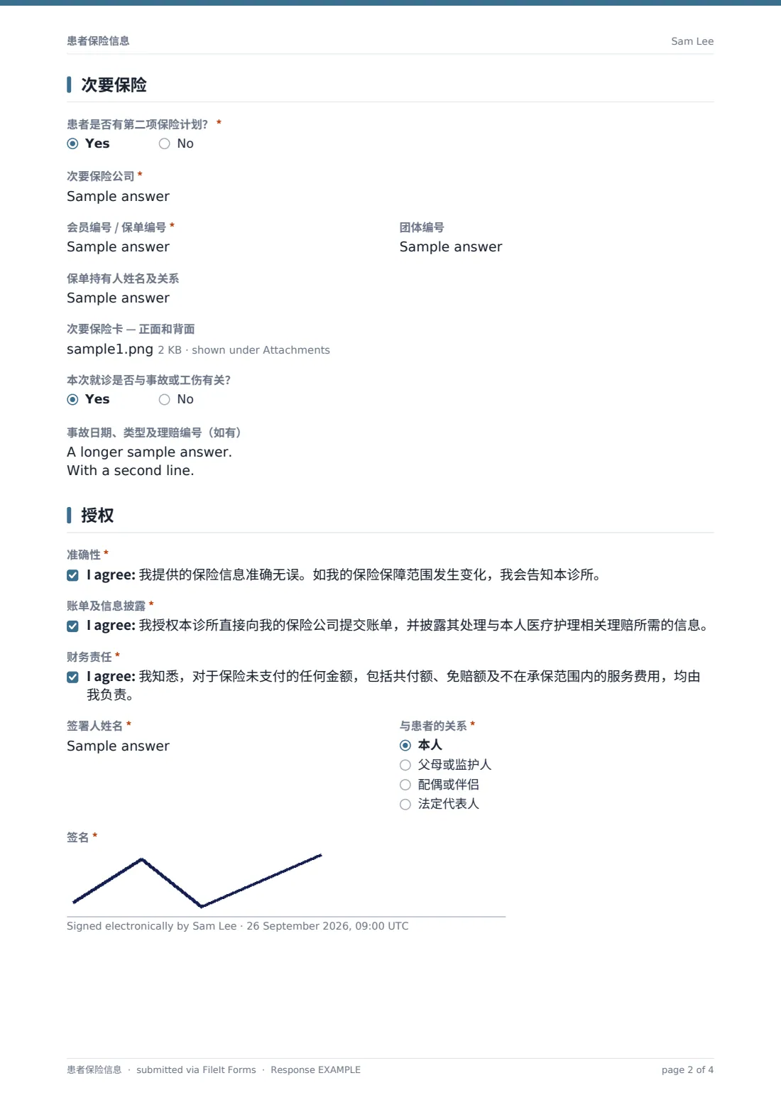 患者保险信息 — 示例回复 PDF，第 2 页，共 4 页