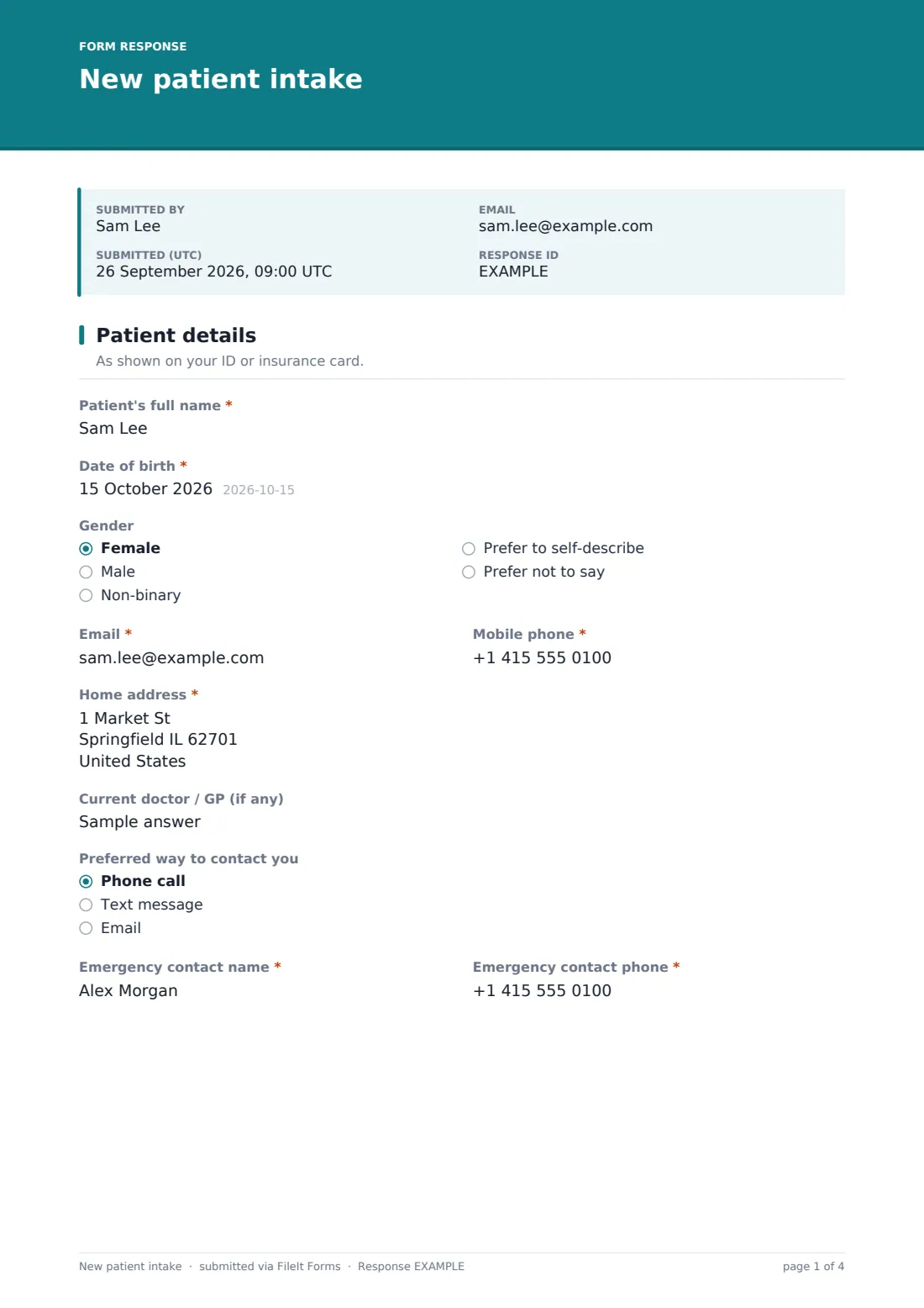 New patient intake — example response PDF, page 1 of 4