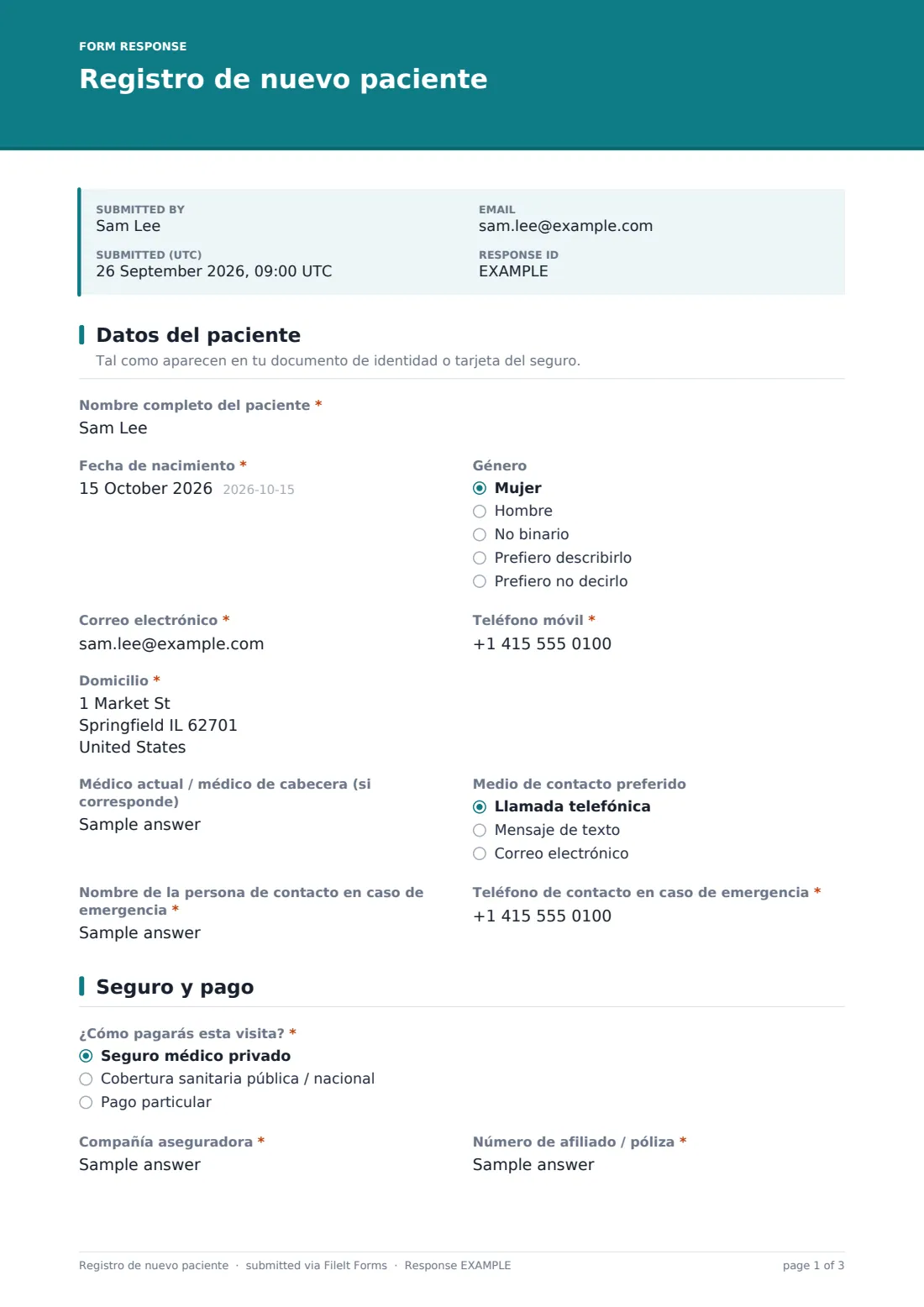 Registro de nuevo paciente — PDF de respuesta de ejemplo, página 1 de 3