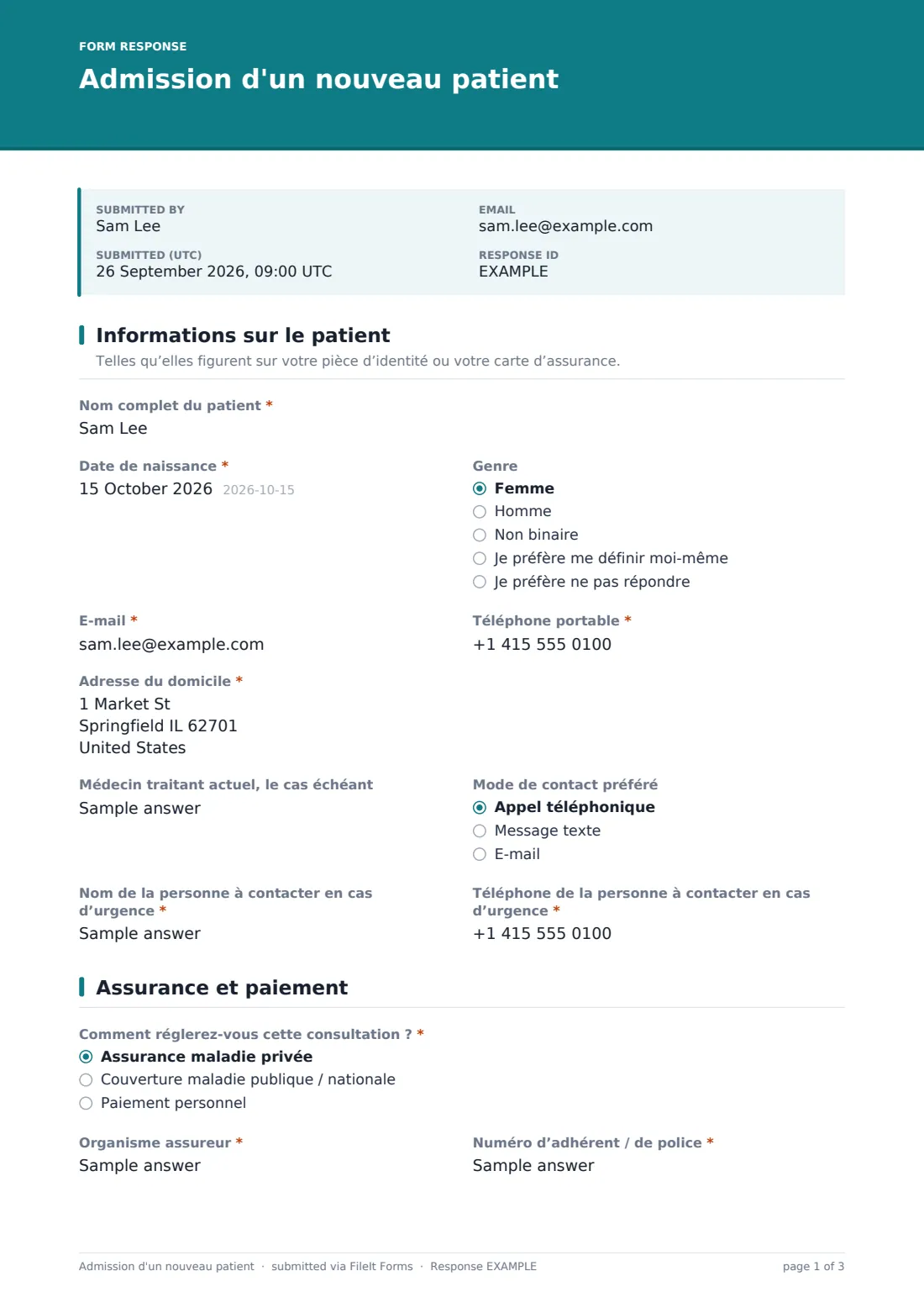 Admission d'un nouveau patient — exemple de réponse au format PDF, page 1 sur 3