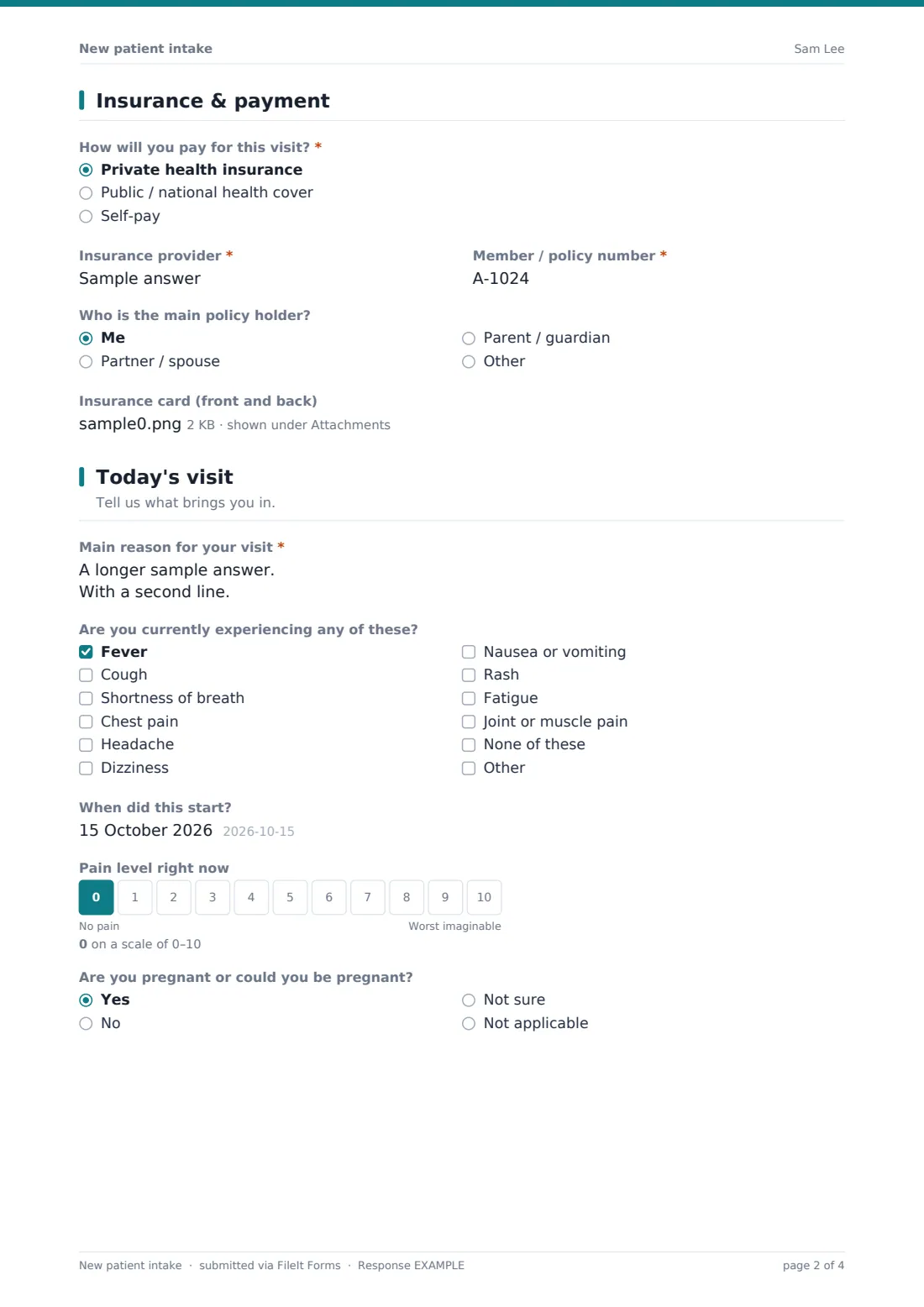 New patient intake — example response PDF, page 2 of 4