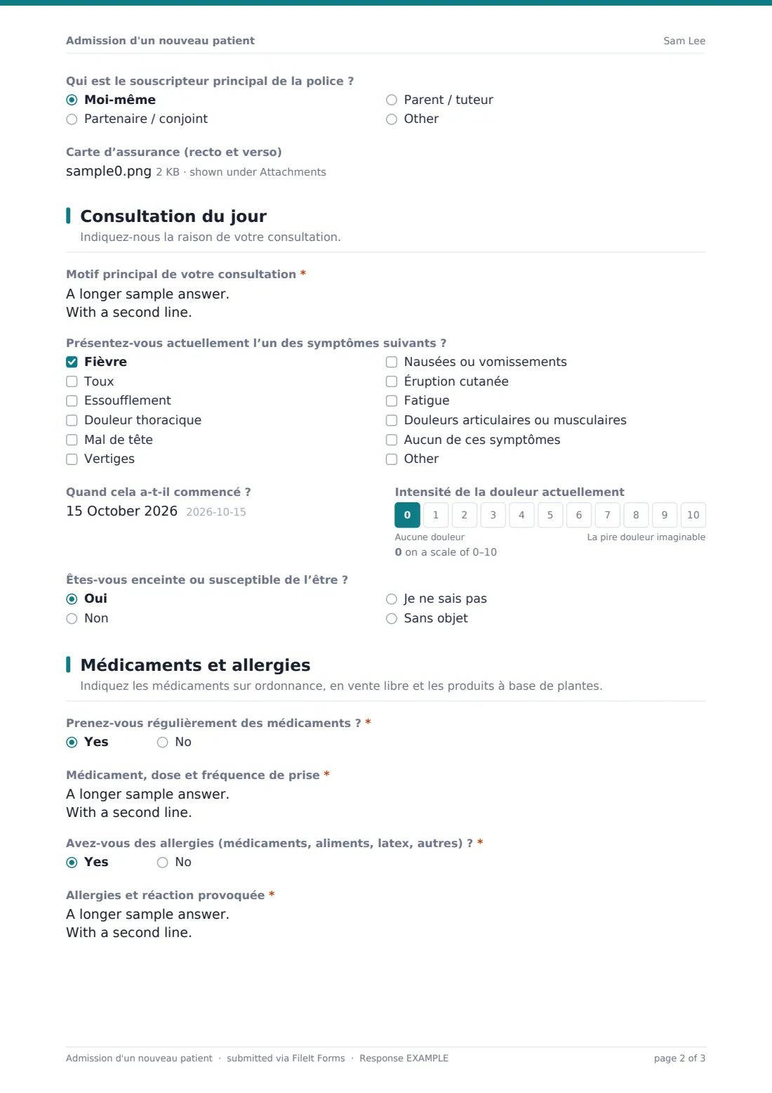Admission d'un nouveau patient — exemple de réponse au format PDF, page 2 sur 3