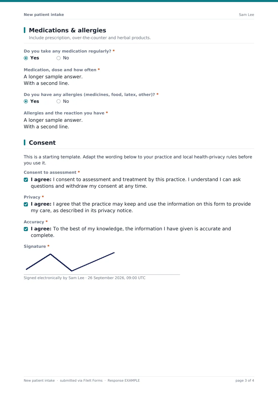 New patient intake — example response PDF, page 3 of 4