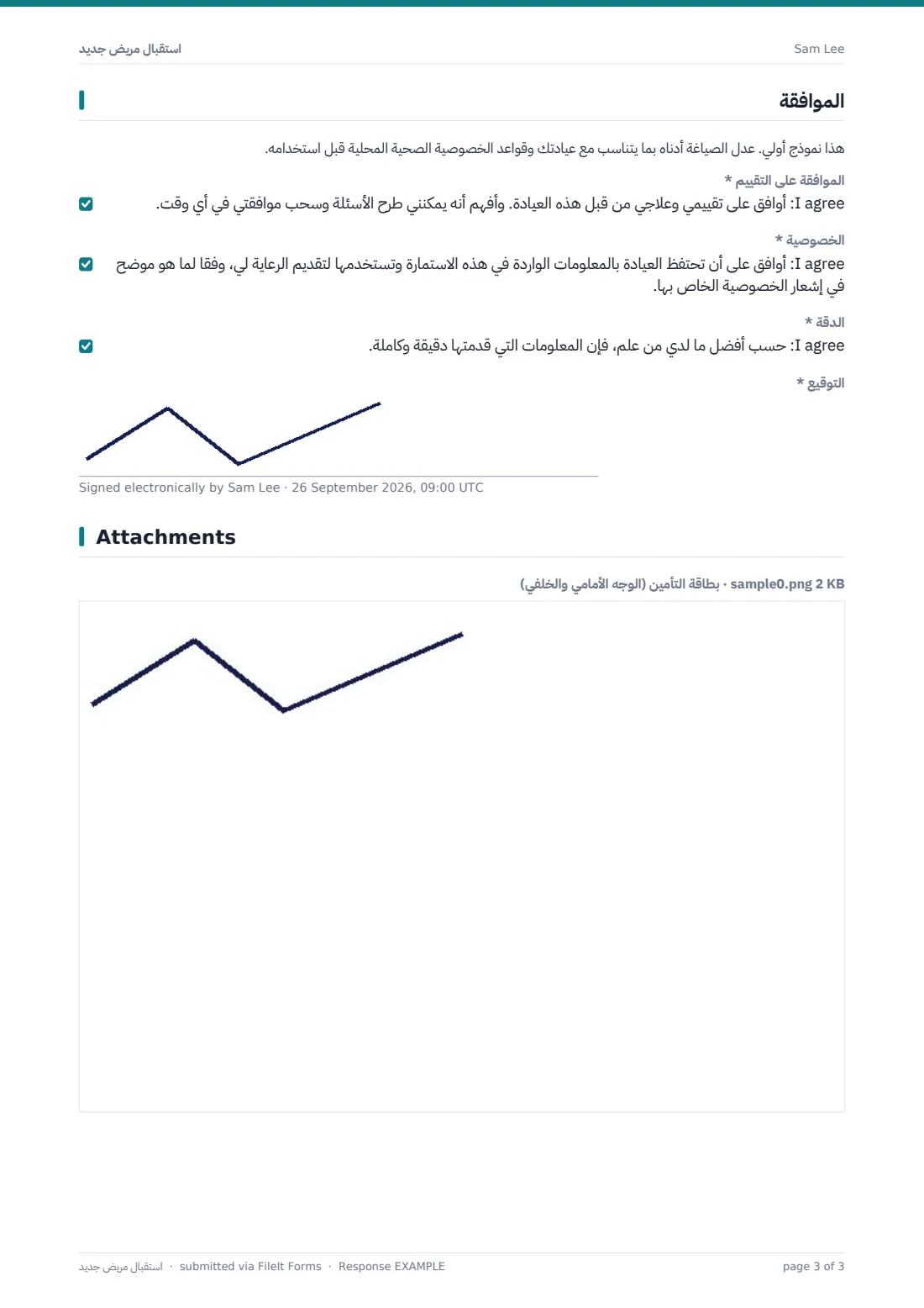 استقبال مريض جديد — ملف PDF لرد نموذجي، الصفحة 3 من 3
