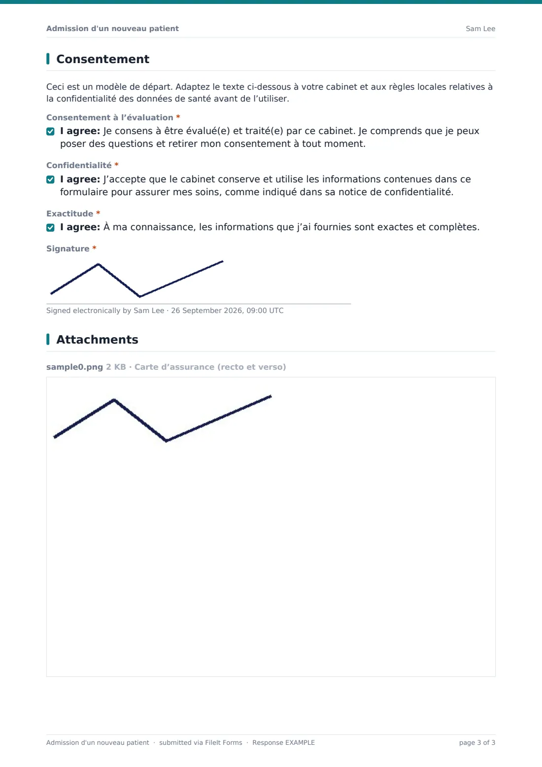 Admission d'un nouveau patient — exemple de réponse au format PDF, page 3 sur 3
