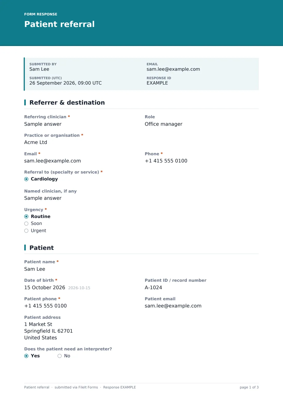 Patient referral — example response PDF, page 1 of 3