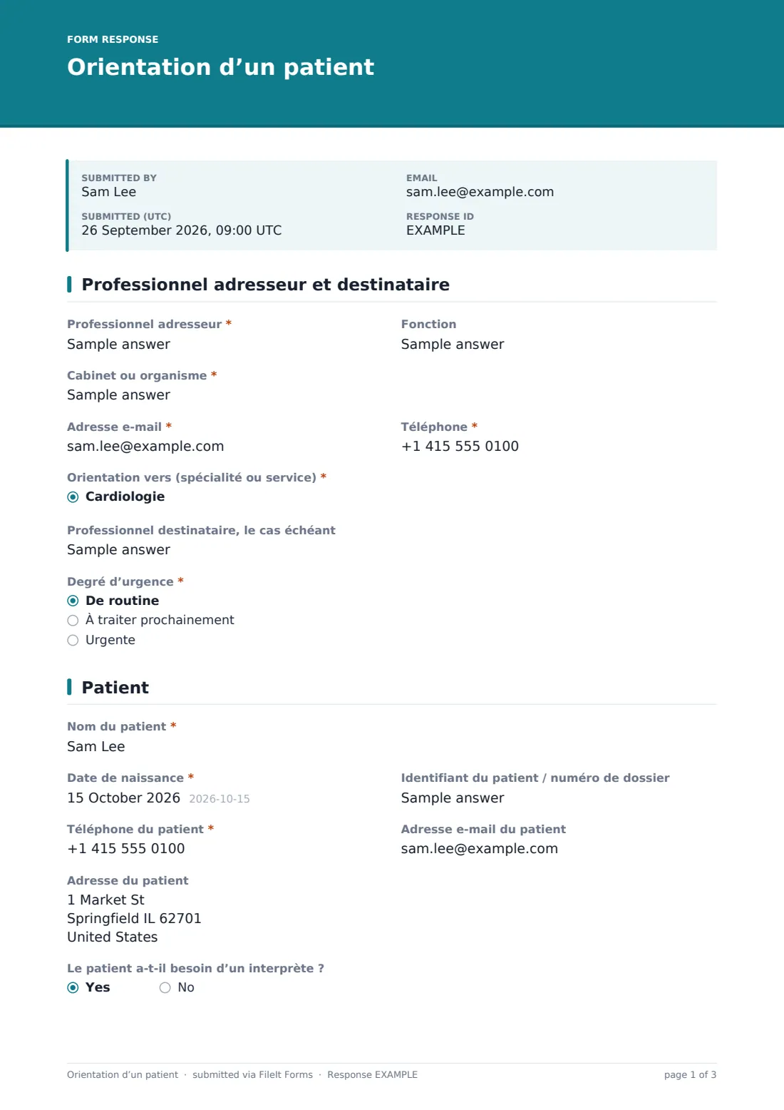 Orientation d’un patient — exemple de réponse au format PDF, page 1 sur 3