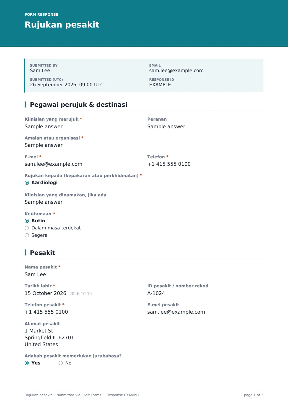 Rujukan pesakit — PDF respons contoh, halaman 1 daripada 3