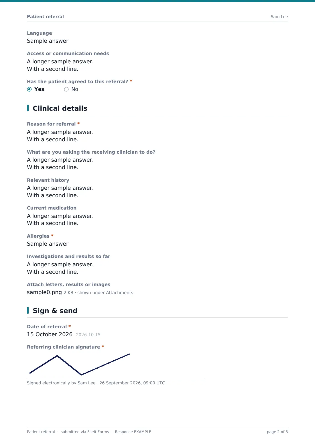 Patient referral — example response PDF, page 2 of 3